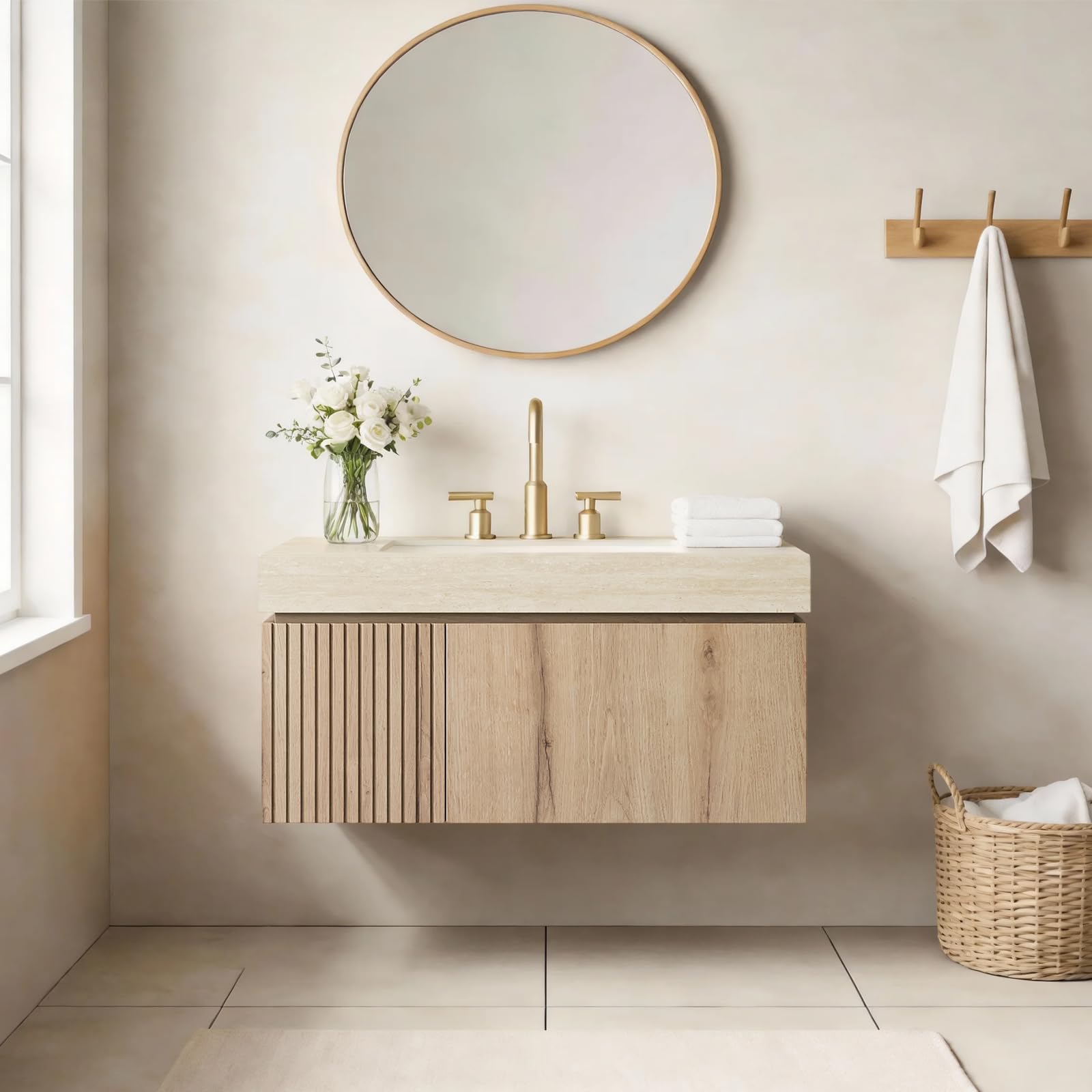 Ambrovina 48" Floating Bathroom Vanity with Sink, Modern Plywood Bathroom Storage Cabinet with Drawer and 2 Doors, Gray Sintered Stone Countertop and White Ceramic Basin, Pre-Assembled, Light Oak