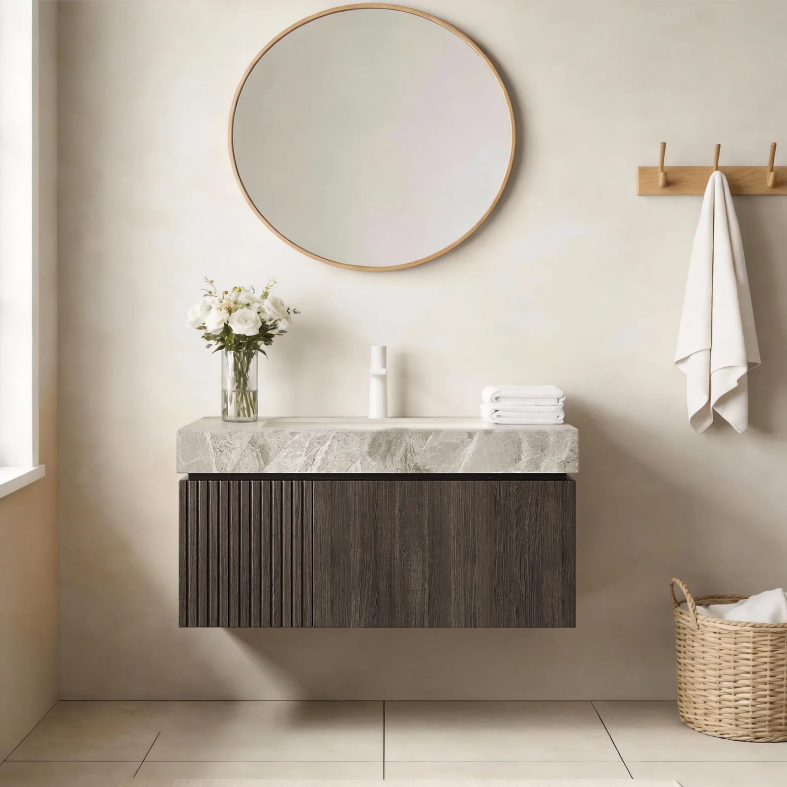 Ambrovina 48" Floating Bathroom Vanity with Sink, Modern Plywood Bathroom Storage Cabinet with Drawer and 2 Doors, Gray Sintered Stone Countertop and White Ceramic Basin, Pre-Assembled, Light Oak