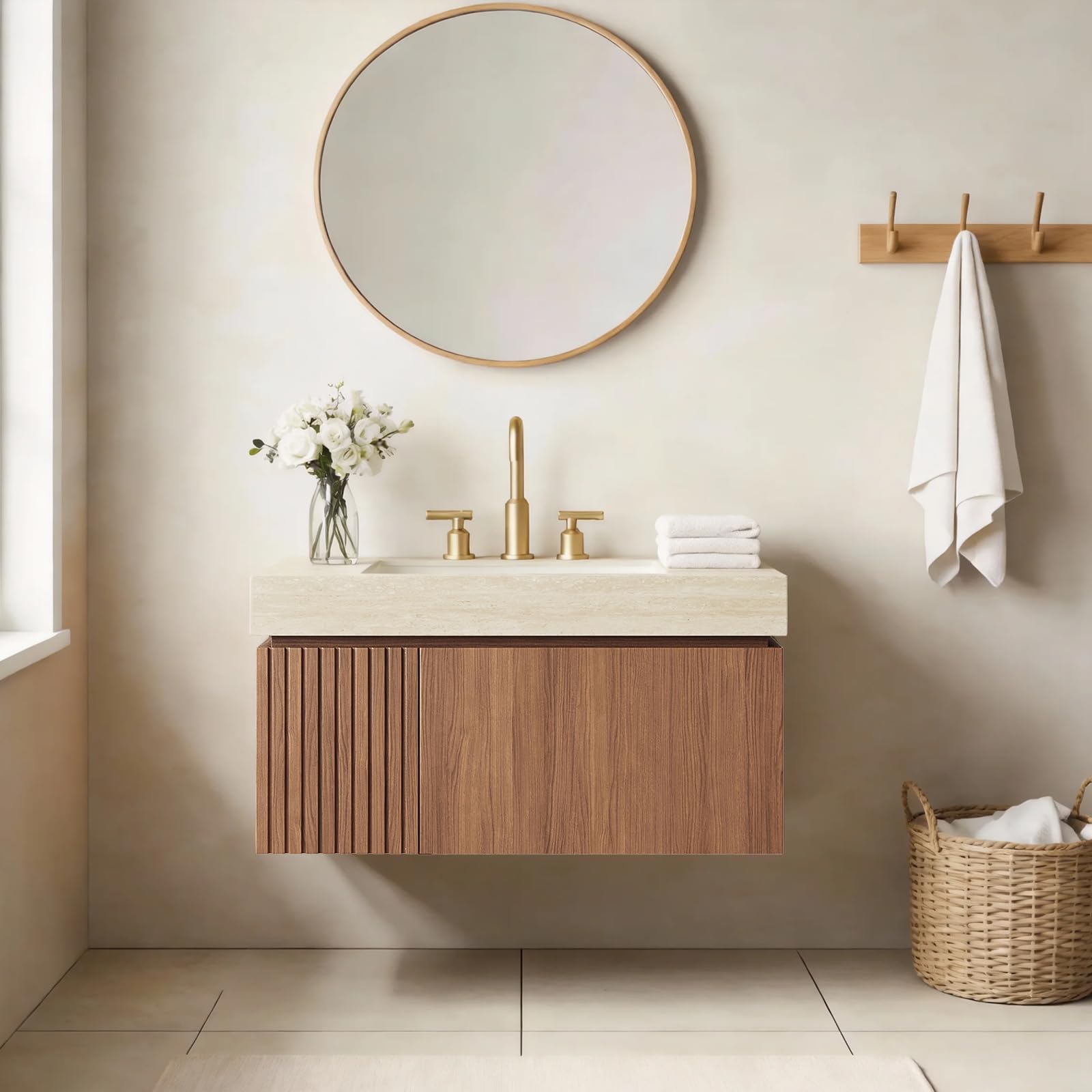 Ambrovina 48" Floating Bathroom Vanity with Sink, Modern Plywood Bathroom Storage Cabinet with Drawer and 2 Doors, Gray Sintered Stone Countertop and White Ceramic Basin, Pre-Assembled, Light Oak