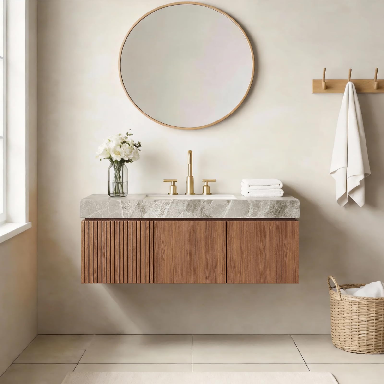 Ambrovina 48" Floating Bathroom Vanity with Sink, Modern Plywood Bathroom Storage Cabinet with Drawer and 2 Doors, Gray Sintered Stone Countertop and White Ceramic Basin, Pre-Assembled, Light Oak