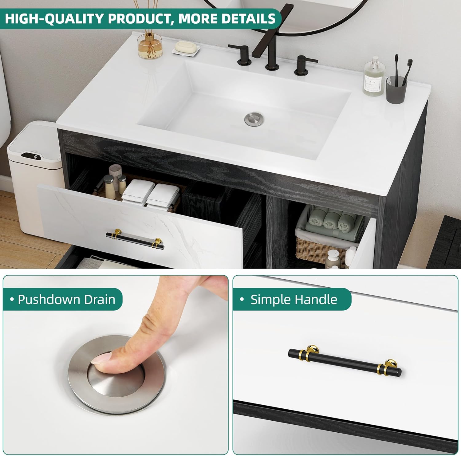 DWVO 36 Inch Floating Bathroom Vanity with Sink, Wall Mounted Bathroom Vanity with Marble Pattern, 2 Drawers & 1 Soft-Close System Cabinet, Pre-drilled Three Holes