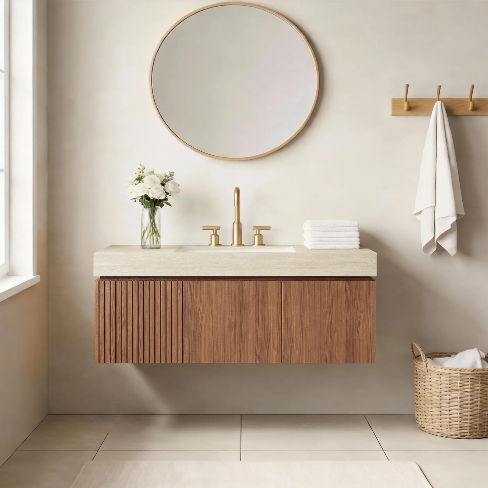 Ambrovina 48" Floating Bathroom Vanity with Sink, Modern Plywood Bathroom Storage Cabinet with Drawer and 2 Doors, Gray Sintered Stone Countertop and White Ceramic Basin, Pre-Assembled, Light Oak