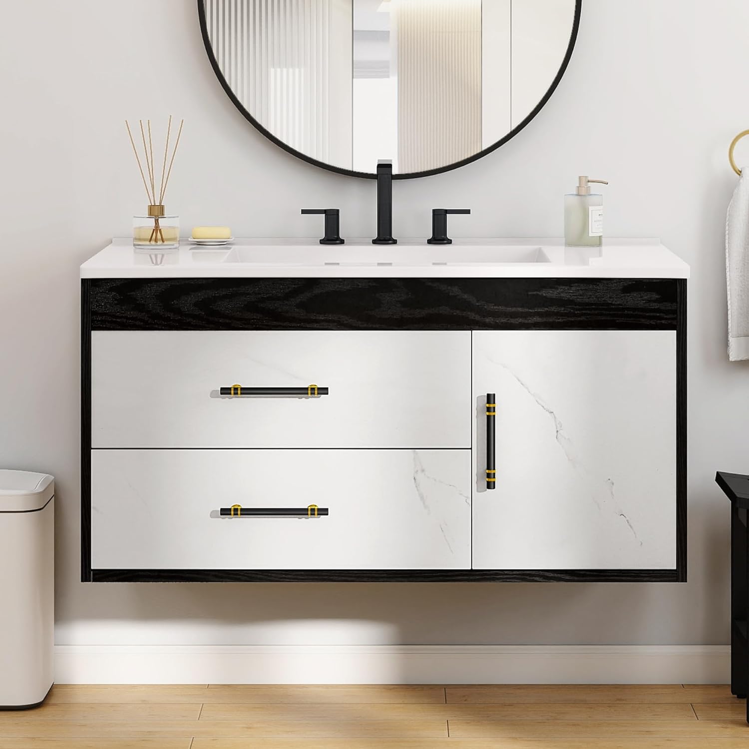 DWVO 36 Inch Floating Bathroom Vanity with Sink, Wall Mounted Bathroom Vanity with Marble Pattern, 2 Drawers & 1 Soft-Close System Cabinet, Pre-drilled Three Holes