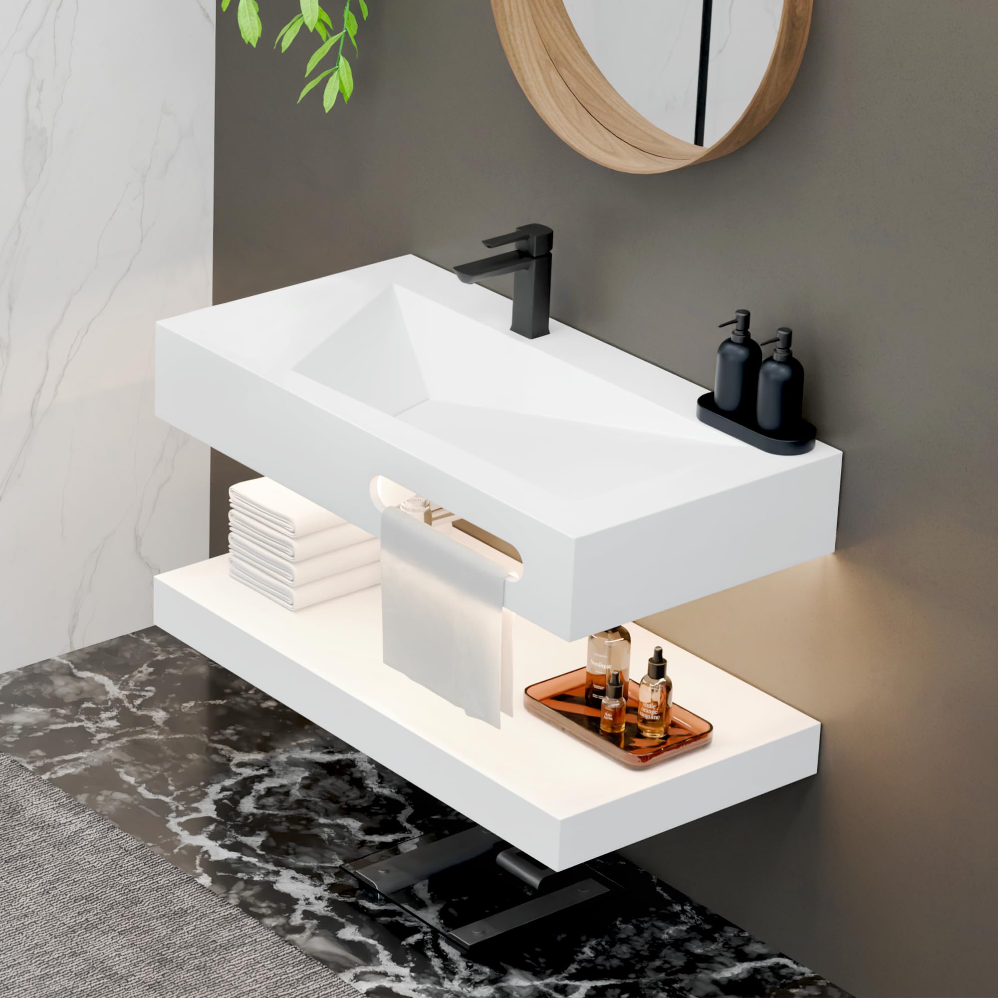 Gesipor 36"x19" Wall Mount Bathroom Vanity with Sink Stone Resin Floating Vanity Sink Rectangular Vessel Sinks for Bathroom White Trough with Shelf Layer (Mirror Not Included)