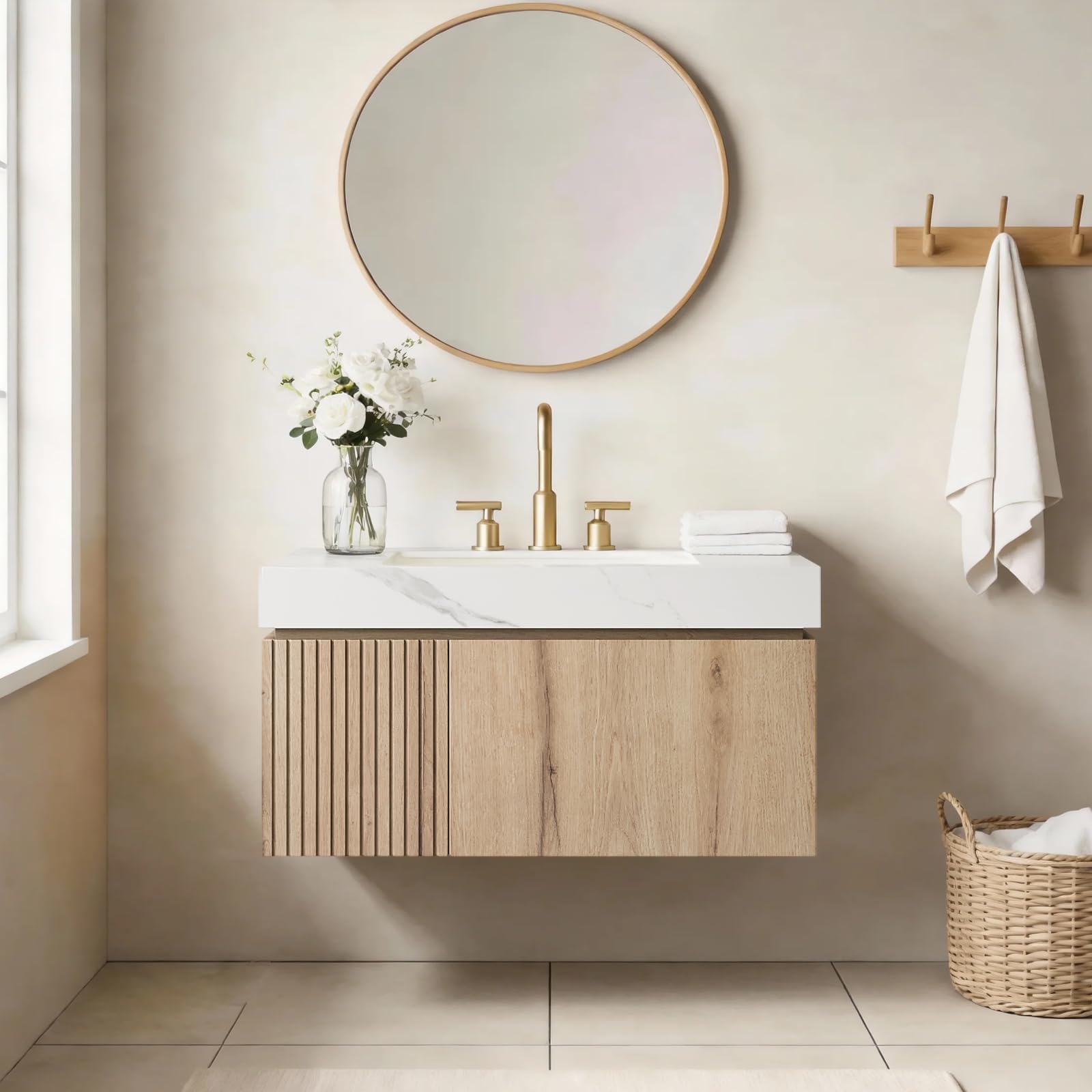 Ambrovina 48" Floating Bathroom Vanity with Sink, Modern Plywood Bathroom Storage Cabinet with Drawer and 2 Doors, Gray Sintered Stone Countertop and White Ceramic Basin, Pre-Assembled, Light Oak