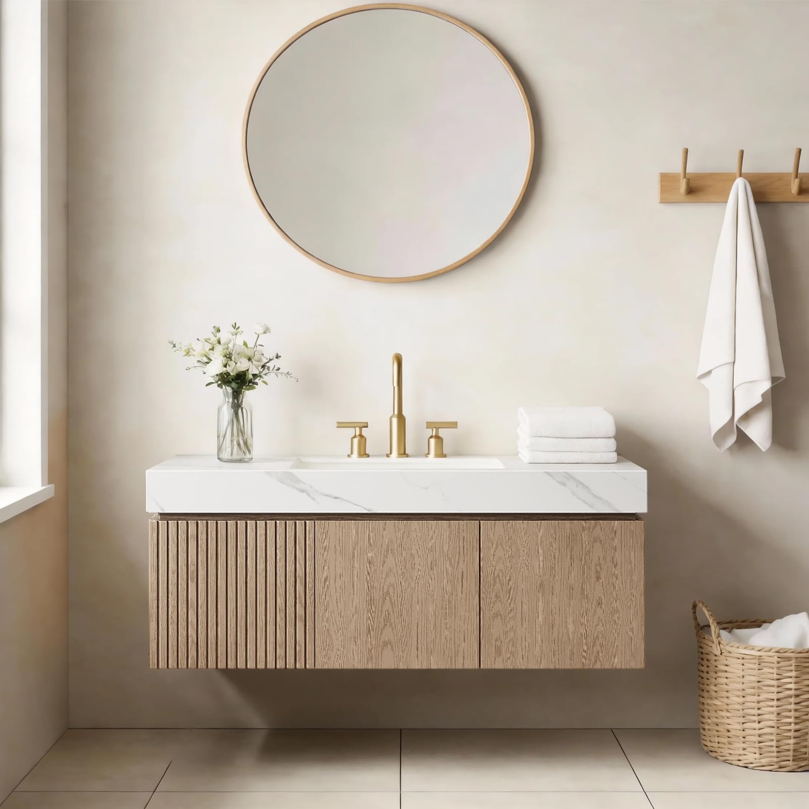 Ambrovina 48" Floating Bathroom Vanity with Sink, Modern Plywood Bathroom Storage Cabinet with Drawer and 2 Doors, Gray Sintered Stone Countertop and White Ceramic Basin, Pre-Assembled, Light Oak