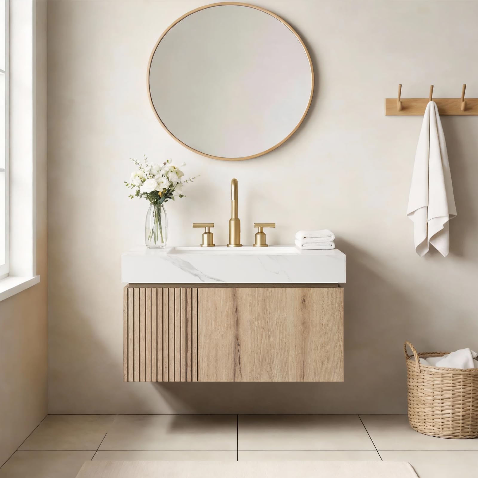 Ambrovina 48" Floating Bathroom Vanity with Sink, Modern Plywood Bathroom Storage Cabinet with Drawer and 2 Doors, Gray Sintered Stone Countertop and White Ceramic Basin, Pre-Assembled, Light Oak