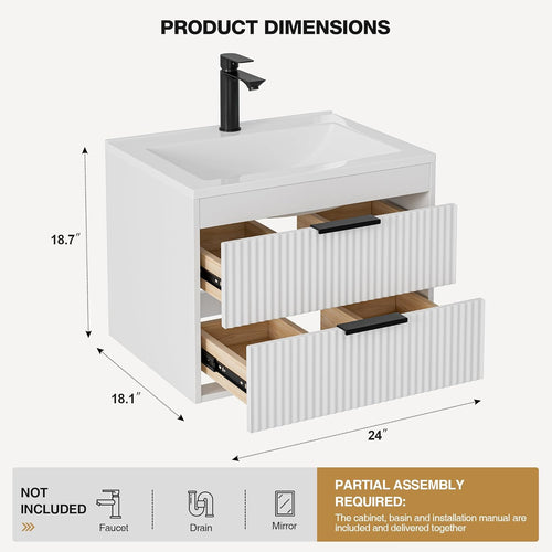 24 Inches Modern MDF Bathroom Vanity with Sink, Wall Mounted Floating Cabinets w/Double Drawers, Black Handles, White Resin Sink Combo Set (White, 24")