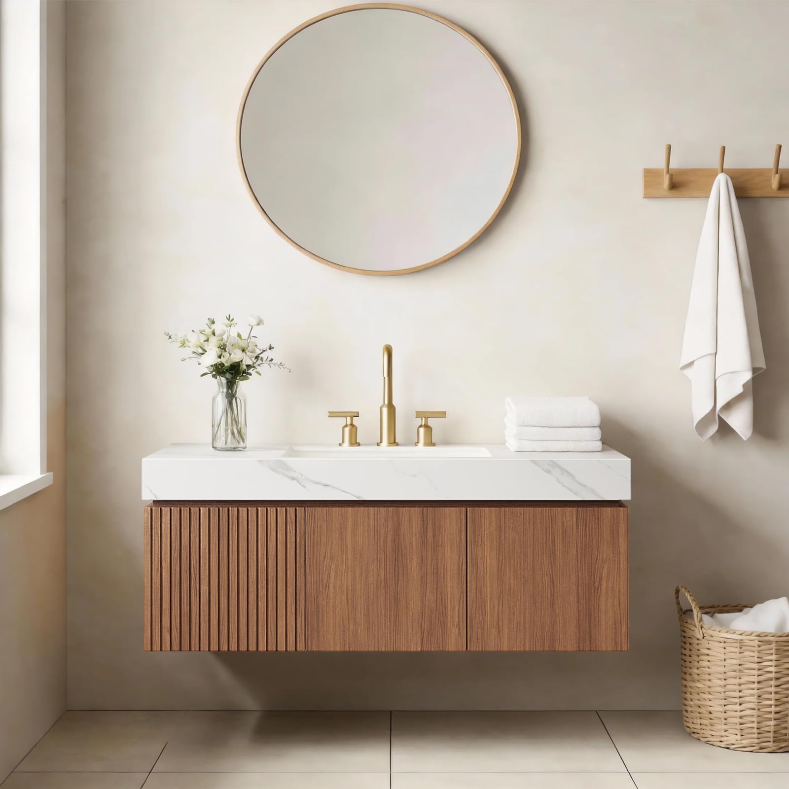 Ambrovina 48" Floating Bathroom Vanity with Sink, Modern Plywood Bathroom Storage Cabinet with Drawer and 2 Doors, Gray Sintered Stone Countertop and White Ceramic Basin, Pre-Assembled, Light Oak