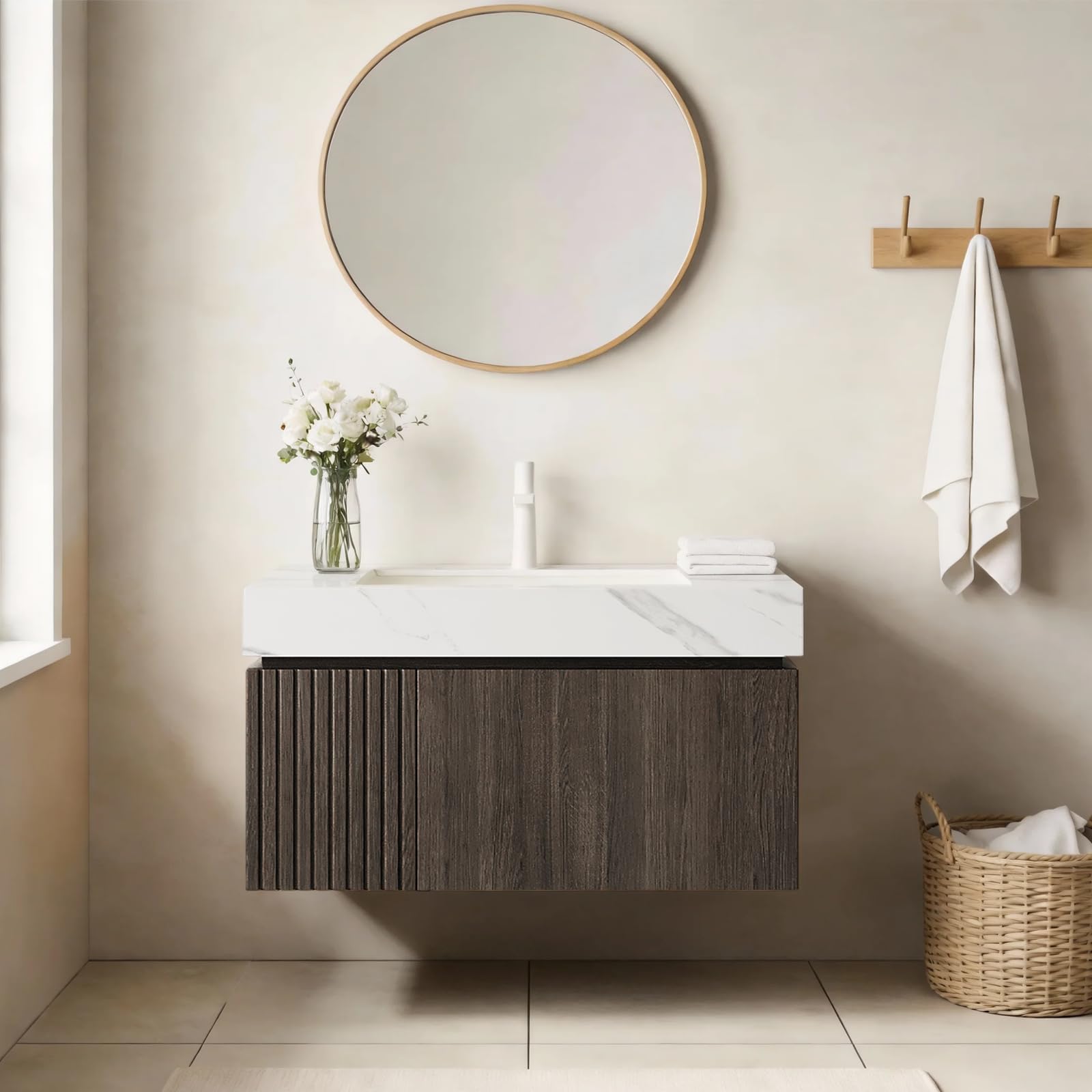 Ambrovina 48" Floating Bathroom Vanity with Sink, Modern Plywood Bathroom Storage Cabinet with Drawer and 2 Doors, Gray Sintered Stone Countertop and White Ceramic Basin, Pre-Assembled, Light Oak