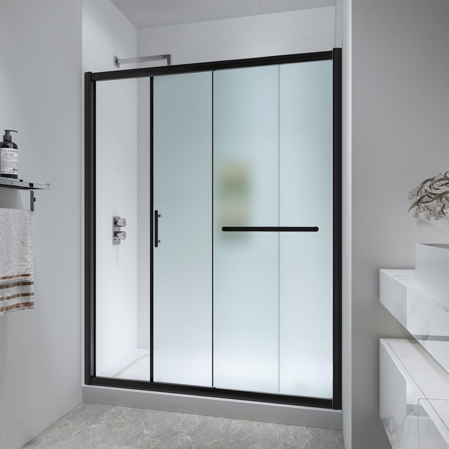 Frosted Sliding Shower Door 55-60" W x 72" H, Matte Black, Single Sliding Door, Framed, 1/4" (6mm) SGCC Tempered Glass, Reversible Installation
