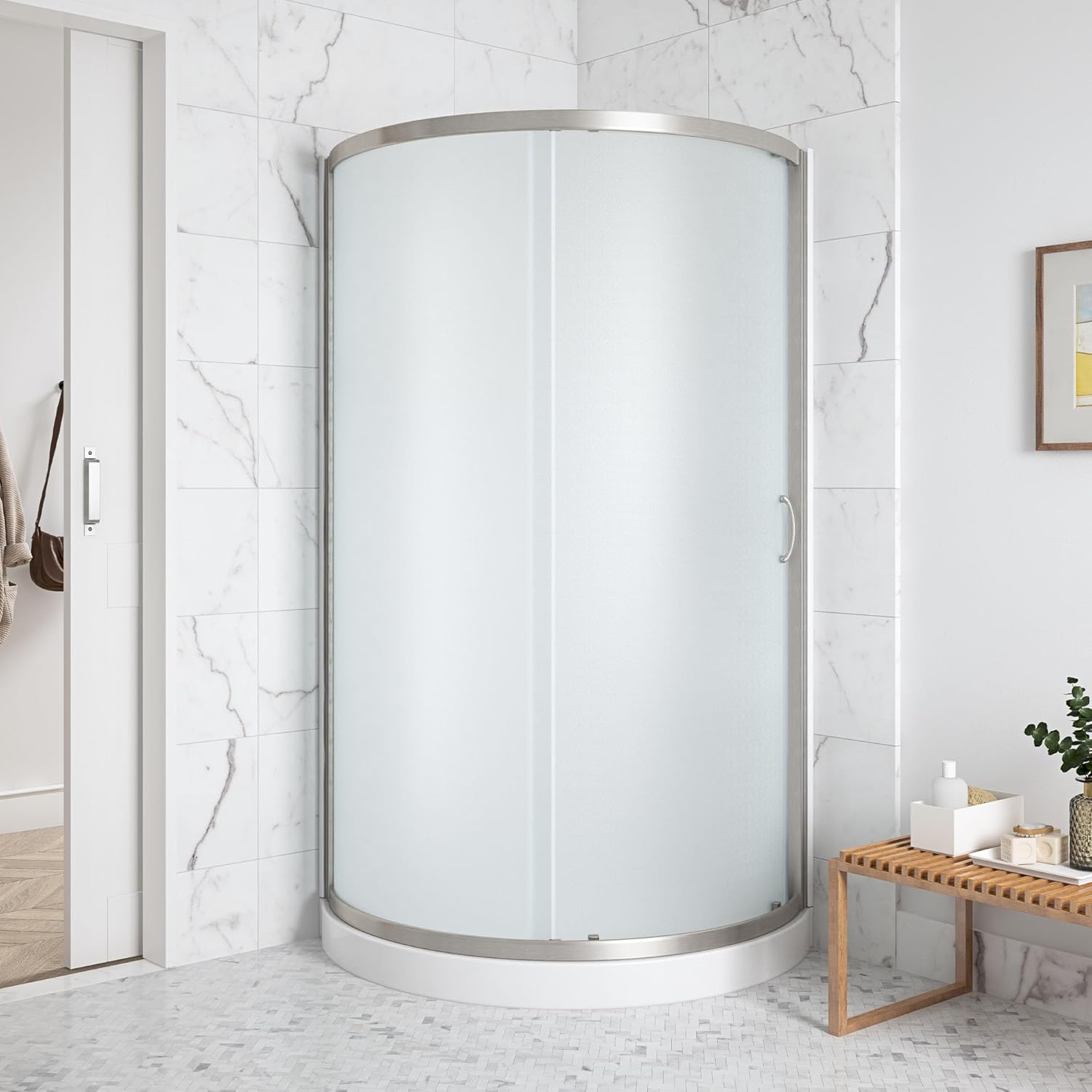 OVE Decors Breeze 34 in. Corner Shower Frosted Sliding Door with Base in Satin Nickel Finish