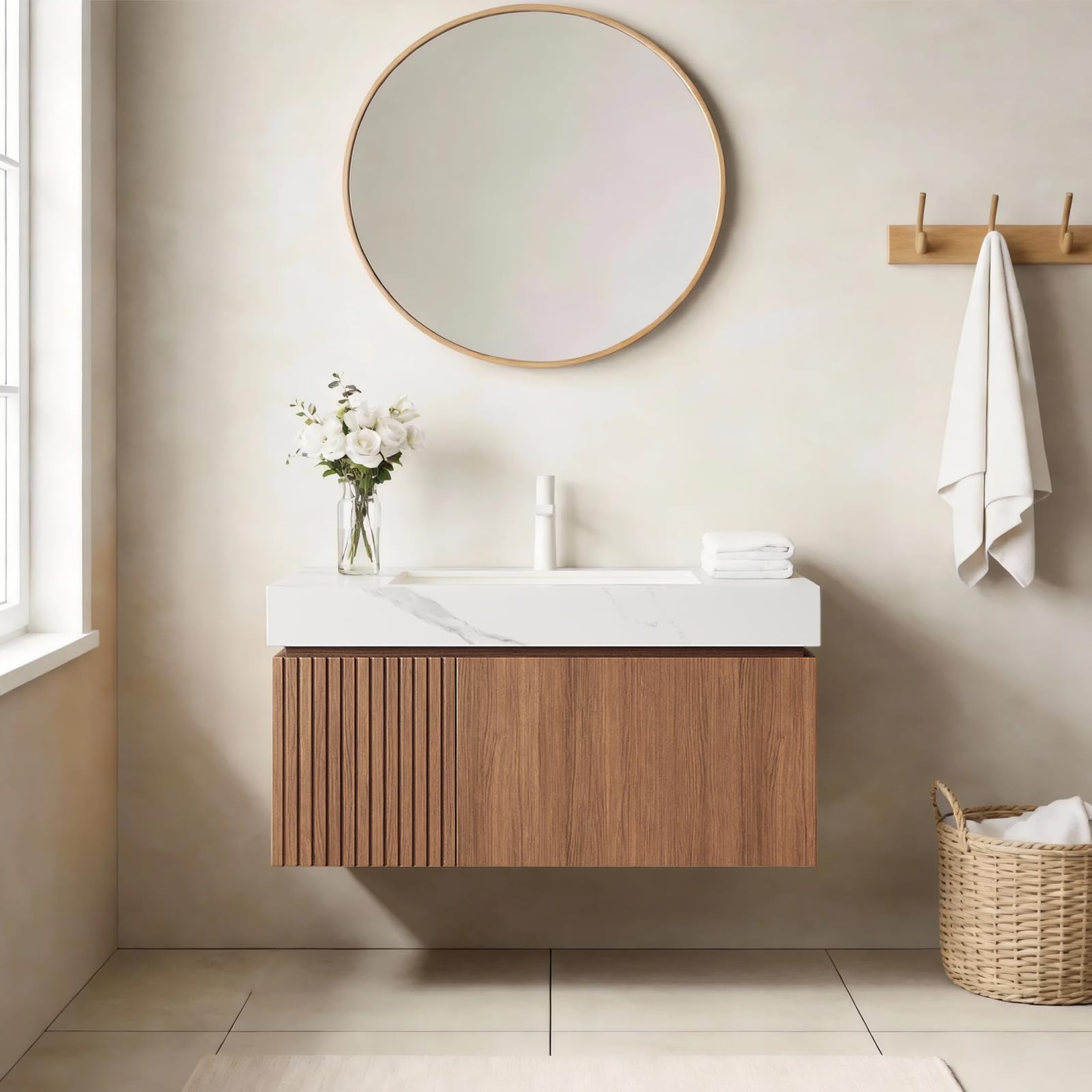 Ambrovina 48" Floating Bathroom Vanity with Sink, Modern Plywood Bathroom Storage Cabinet with Drawer and 2 Doors, Gray Sintered Stone Countertop and White Ceramic Basin, Pre-Assembled, Light Oak