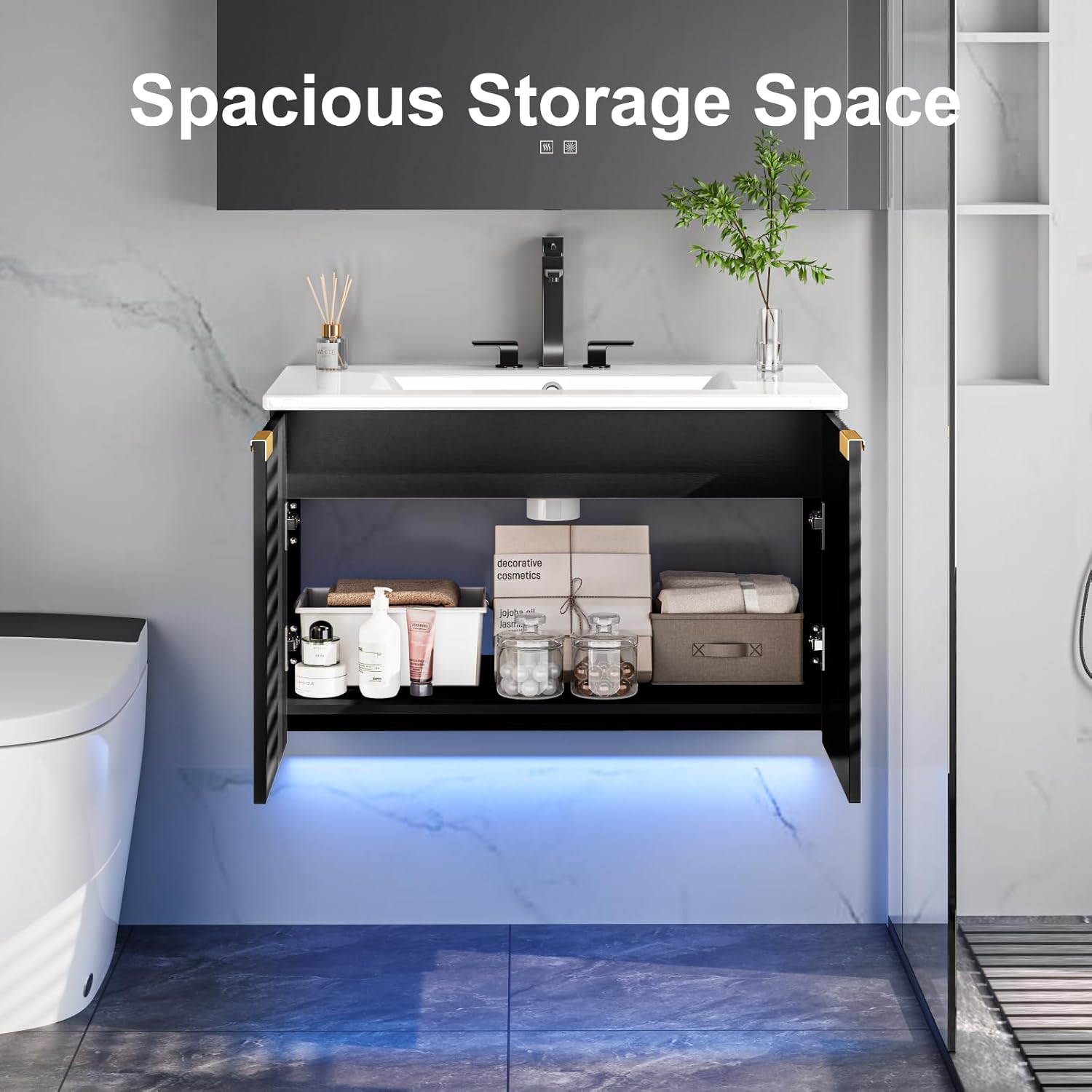 30" Bathroom Vanity with Sink, Modern Wall Mounted Floating Vanity Cabinet, Modern Bathroom Sinks with LED Light, Metal Handle & Double Soft-Close Doors, Black