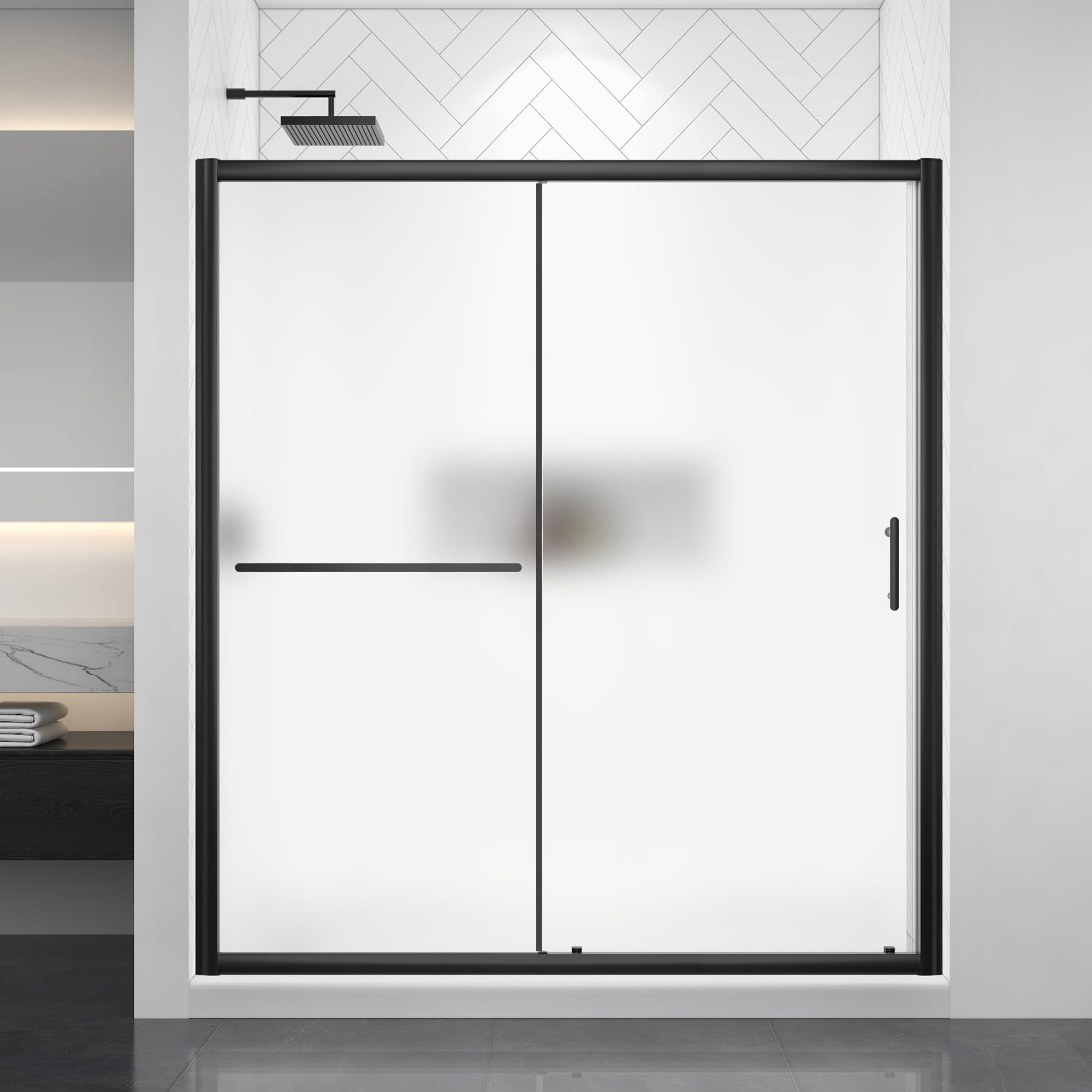 Frosted Sliding Shower Door 55-60" W x 72" H, Matte Black, Single Sliding Door, Framed, 1/4" (6mm) SGCC Tempered Glass, Reversible Installation