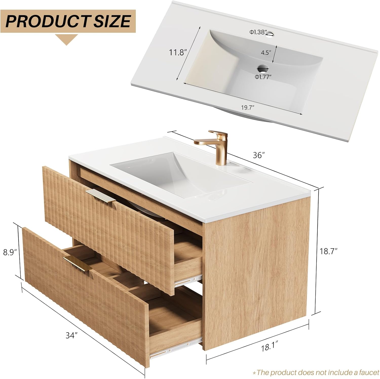 36 Inch Bathroom Vanity with Sink, Modern Floating Bathroom Vanity with Resin Sink, 2 Large Storage Darwers, Wood Grain Texture Wall Mounted Vanity, Gold Handles (36'')