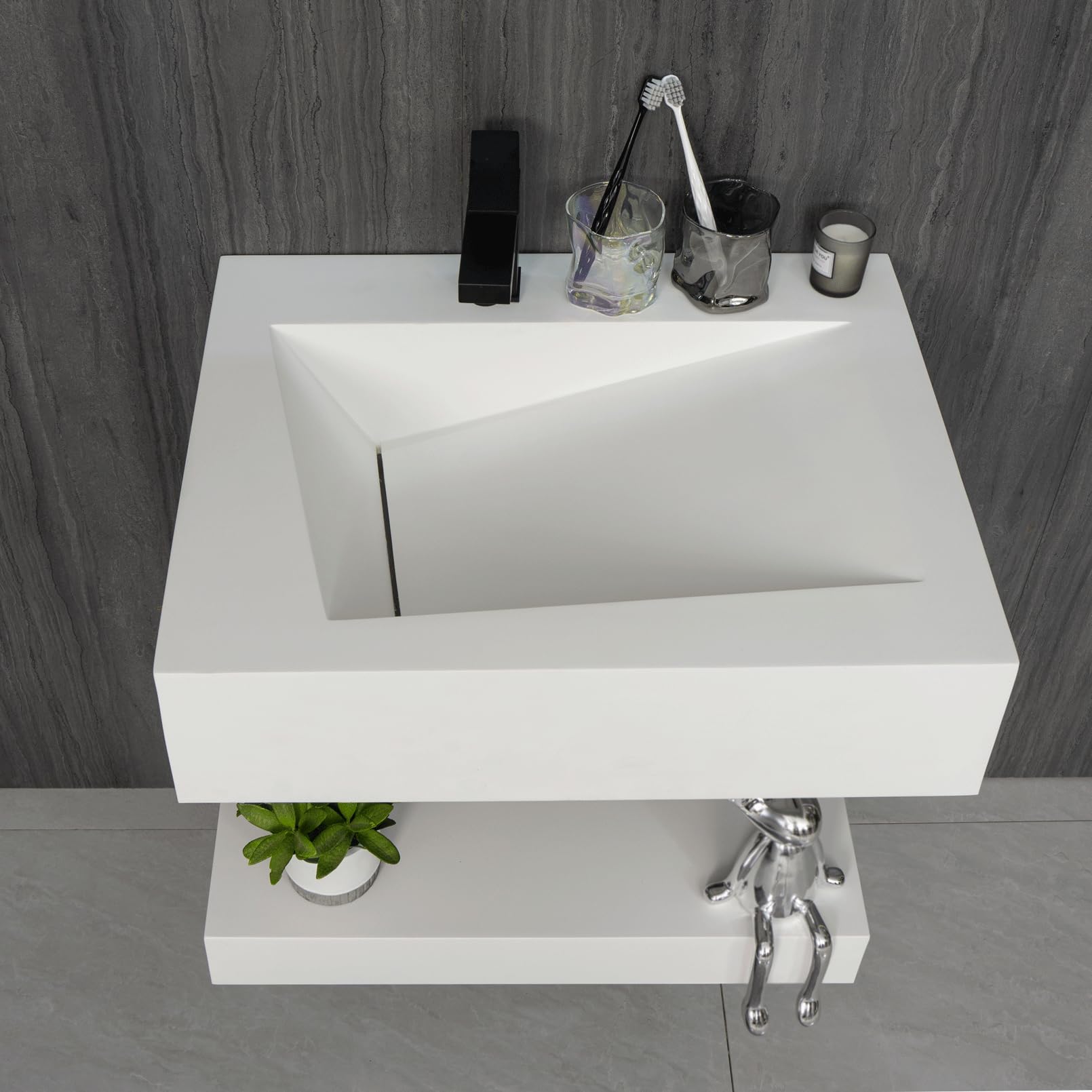 Gesipor 36"x19" Wall Mount Bathroom Vanity with Sink Stone Resin Floating Vanity Sink Rectangular Vessel Sinks for Bathroom White Trough with Shelf Layer (Mirror Not Included)