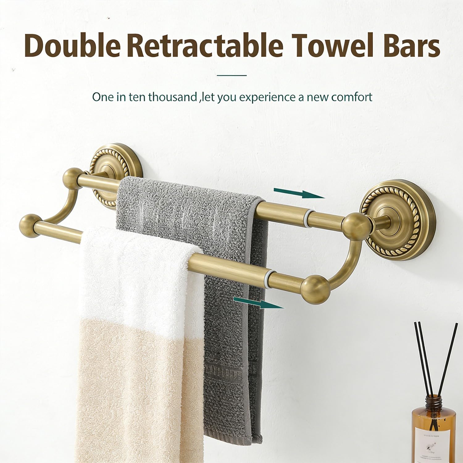 Double Bath Towel Bar, Antique Brass Wall Mounted Towel Rack, Adjustable 14-25 Inch Heavy Duty Rustproof Brass Towel Rod Holder for Bathroom Kitchen