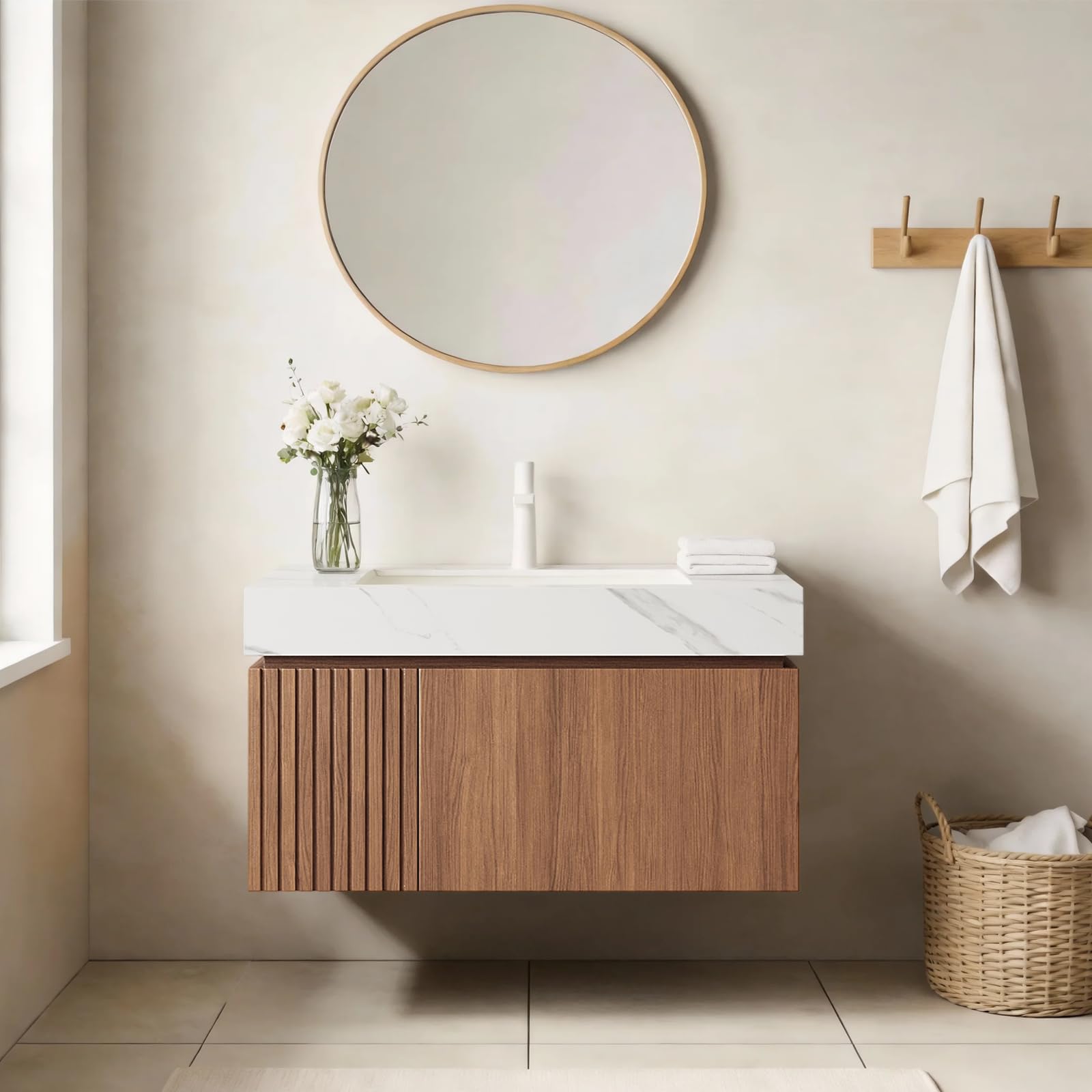 Ambrovina 48" Floating Bathroom Vanity with Sink, Modern Plywood Bathroom Storage Cabinet with Drawer and 2 Doors, Gray Sintered Stone Countertop and White Ceramic Basin, Pre-Assembled, Light Oak