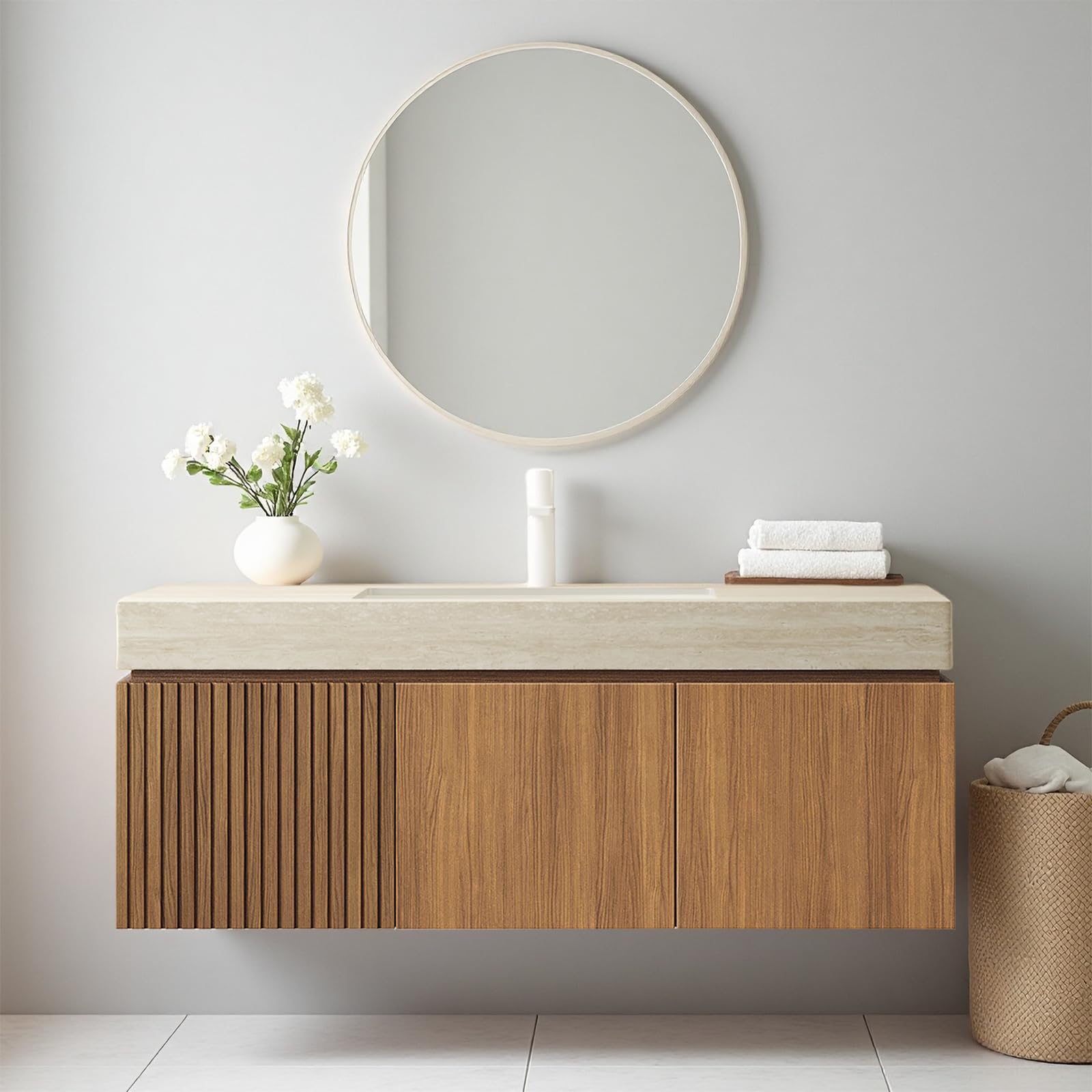 Ambrovina 48" Floating Bathroom Vanity with Sink, Modern Plywood Bathroom Storage Cabinet with Drawer and 2 Doors, Gray Sintered Stone Countertop and White Ceramic Basin, Pre-Assembled, Light Oak