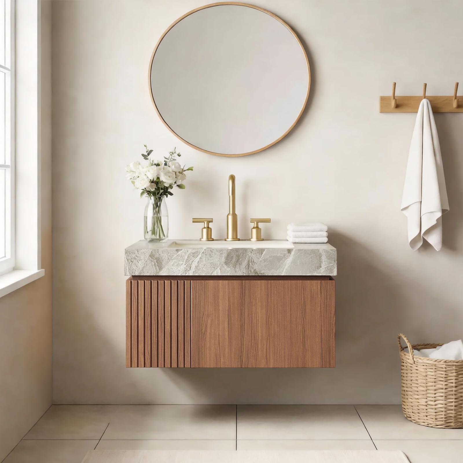 Ambrovina 48" Floating Bathroom Vanity with Sink, Modern Plywood Bathroom Storage Cabinet with Drawer and 2 Doors, Gray Sintered Stone Countertop and White Ceramic Basin, Pre-Assembled, Light Oak