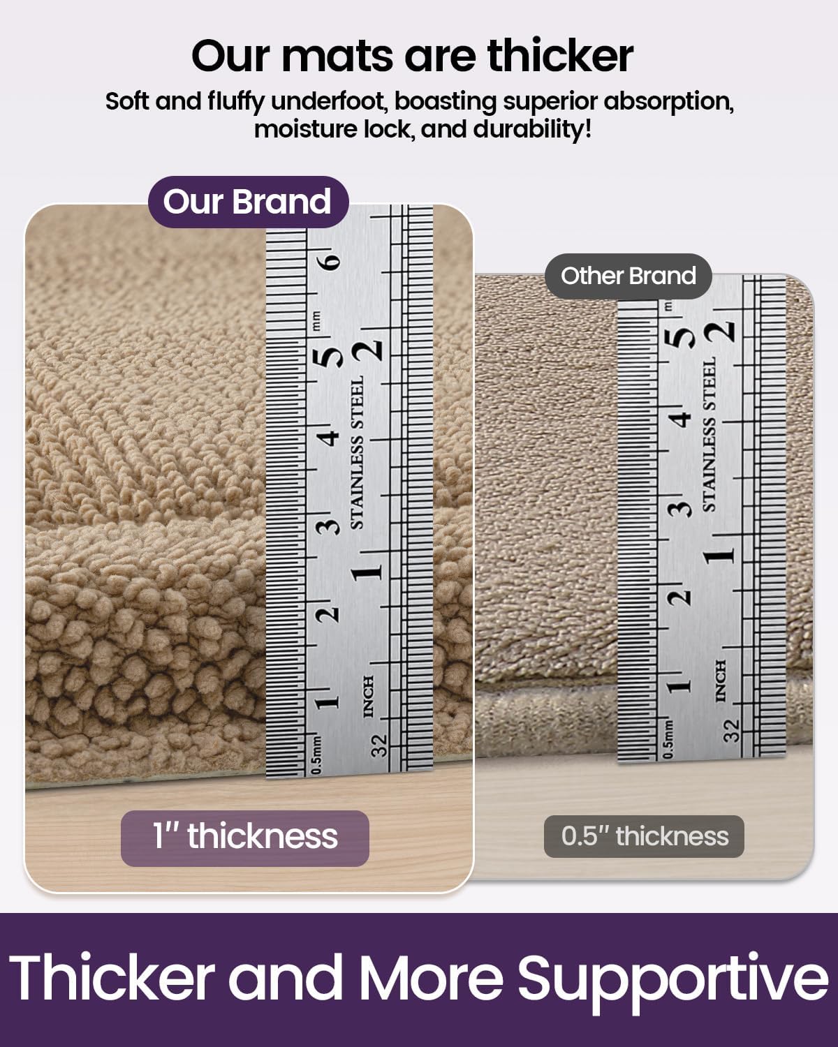 DEXI Memory Foam Bath Mat 24x17, Soft Absorbent Chenille Bathroom Rug, Non Slip Quick Dry Bath Mats for Bathroom, Thick Plush Floor Carpet for Tub Shower, Sink, Beige