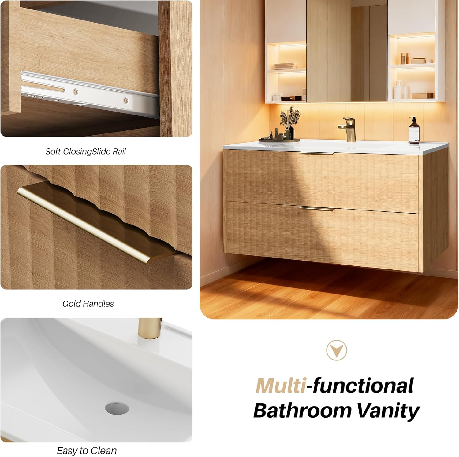 36 Inch Bathroom Vanity with Sink, Modern Floating Bathroom Vanity with Resin Sink, 2 Large Storage Darwers, Wood Grain Texture Wall Mounted Vanity, Gold Handles (36'')