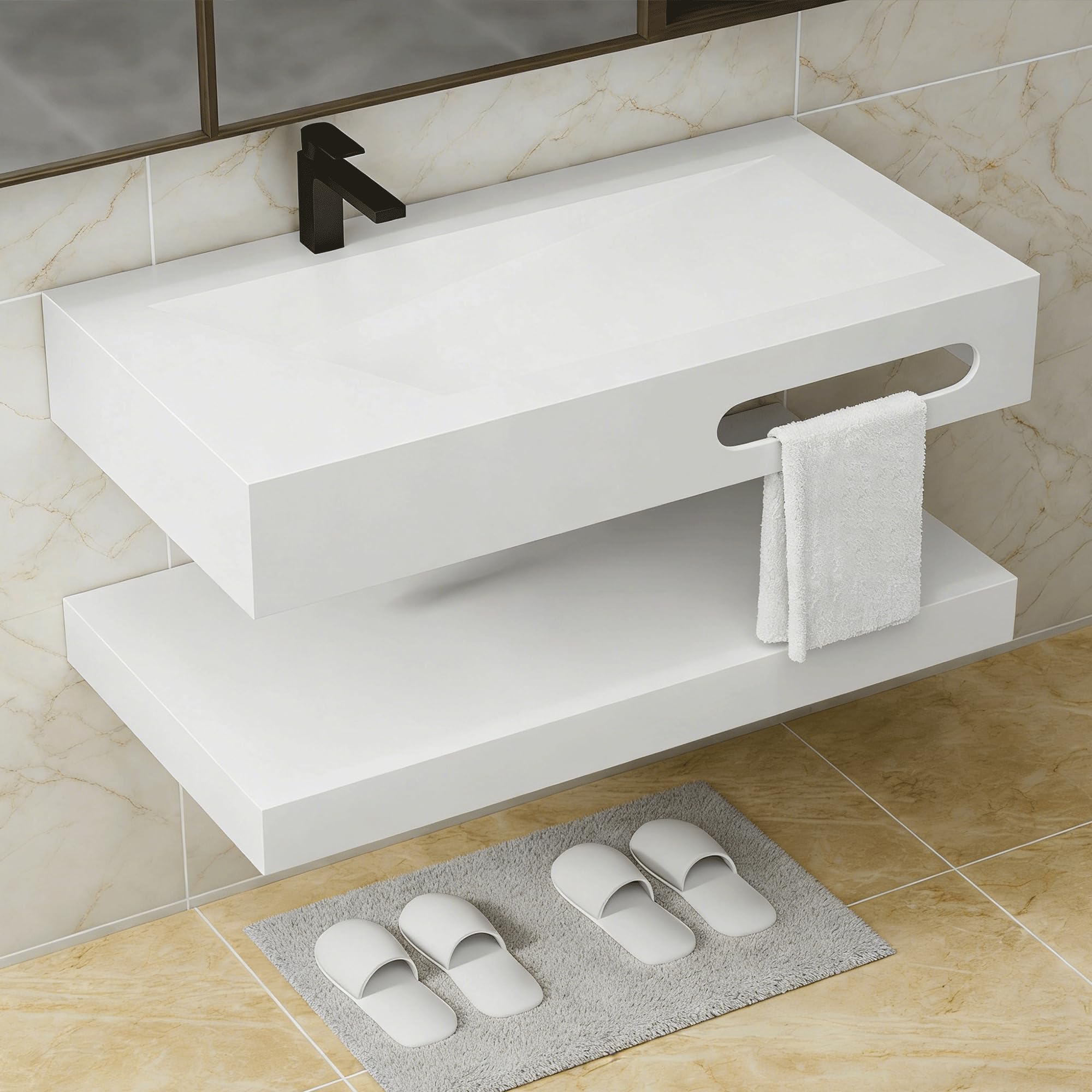 Gesipor 36"x19" Wall Mount Bathroom Vanity with Sink Stone Resin Floating Vanity Sink Rectangular Vessel Sinks for Bathroom White Trough with Shelf Layer (Mirror Not Included)