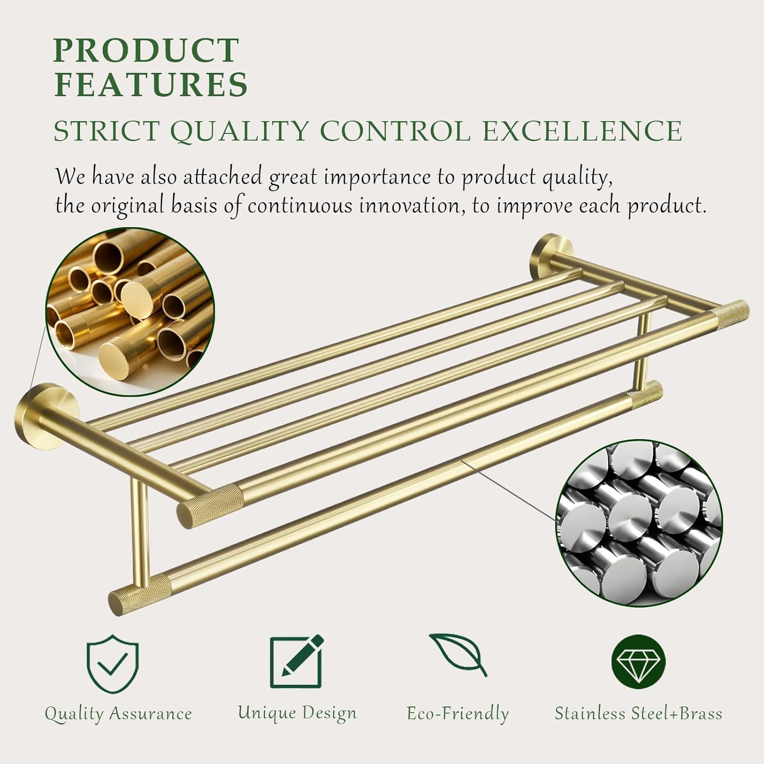 24-Inch Brushed Gold Towel Racks for Bathroom Wall-Mounted, with Solid Brass Knurled Accents, Rust-Resistant 304 Stainless Steel