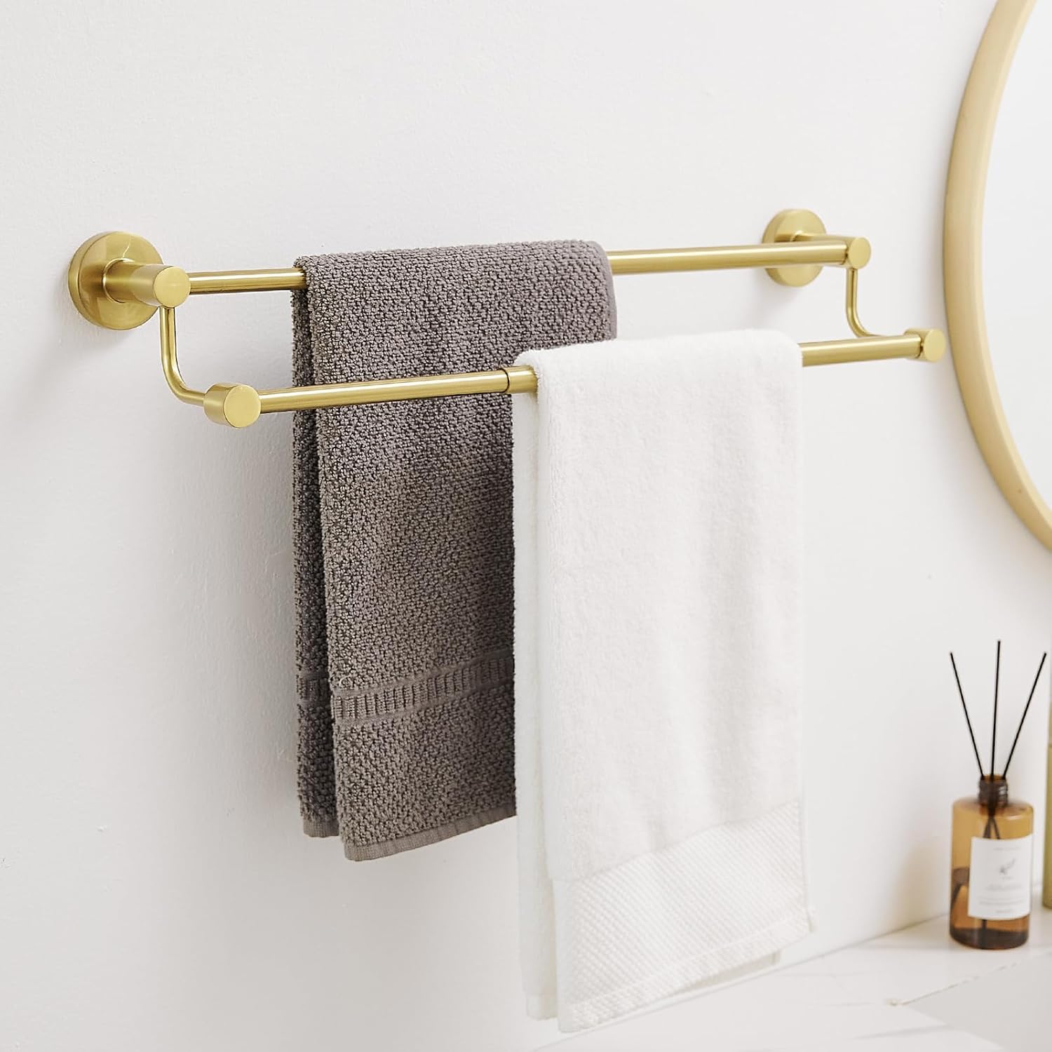 BESy Adjustable 16-26 Inches Double Bath Towel Bar for Bathroom SUS304 Stainless Steel Towel Holder, Hotel Style Wall Mount with Screws Hand Towel Bar，Towel Rack Rod Hanger, Brushed Gold Finish