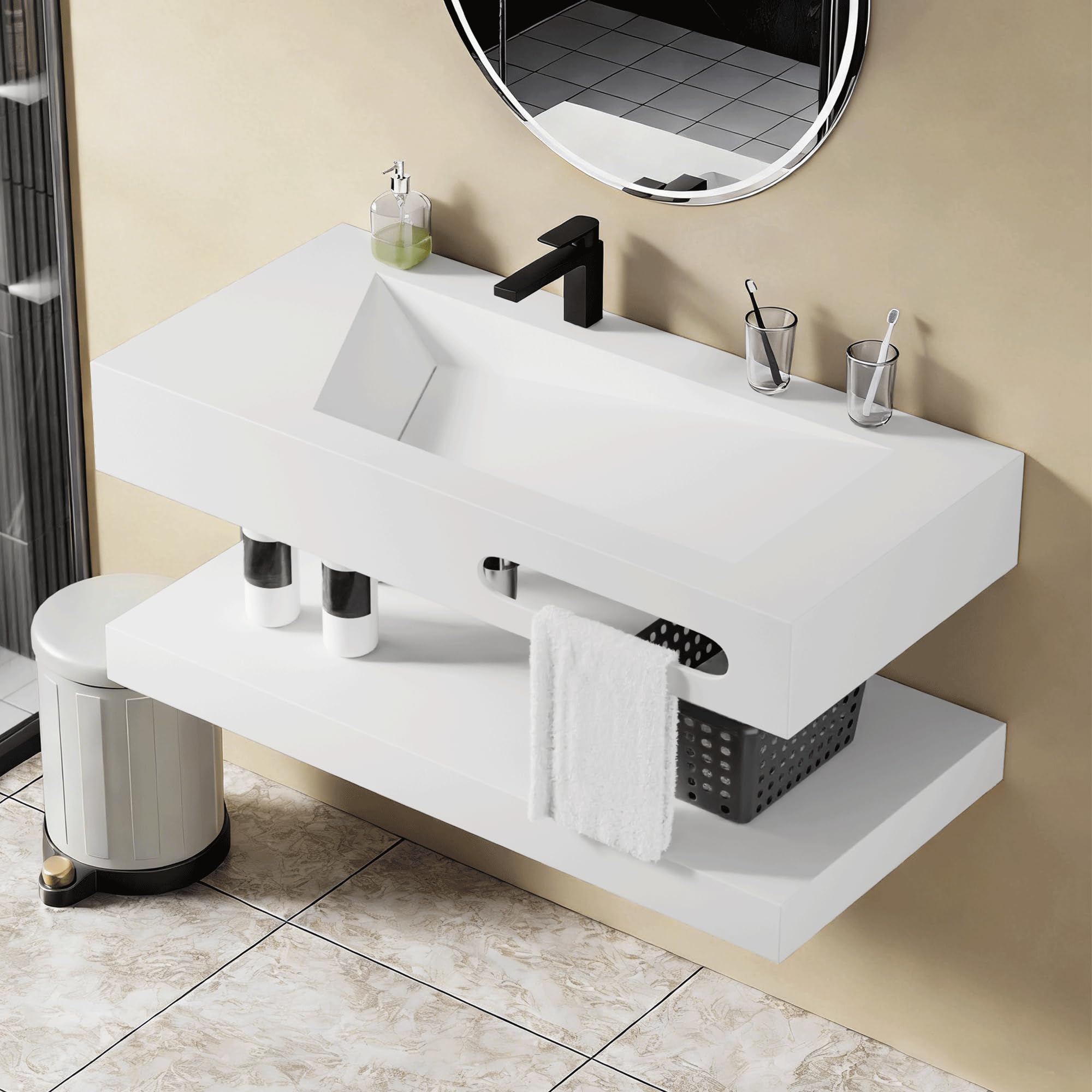 Gesipor 36"x19" Wall Mount Bathroom Vanity with Sink Stone Resin Floating Vanity Sink Rectangular Vessel Sinks for Bathroom White Trough with Shelf Layer (Mirror Not Included)