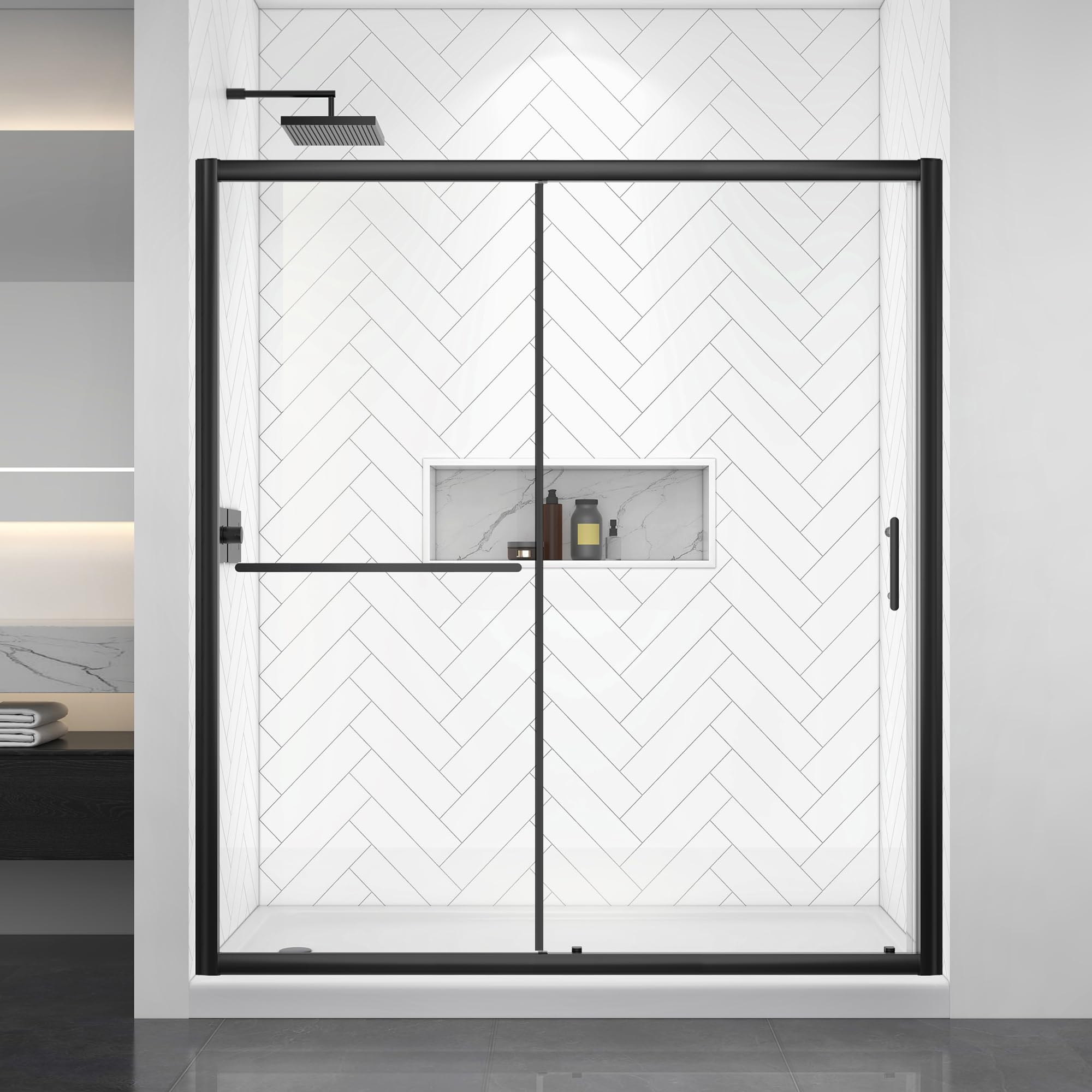 Frosted Sliding Shower Door 55-60" W x 72" H, Matte Black, Single Sliding Door, Framed, 1/4" (6mm) SGCC Tempered Glass, Reversible Installation