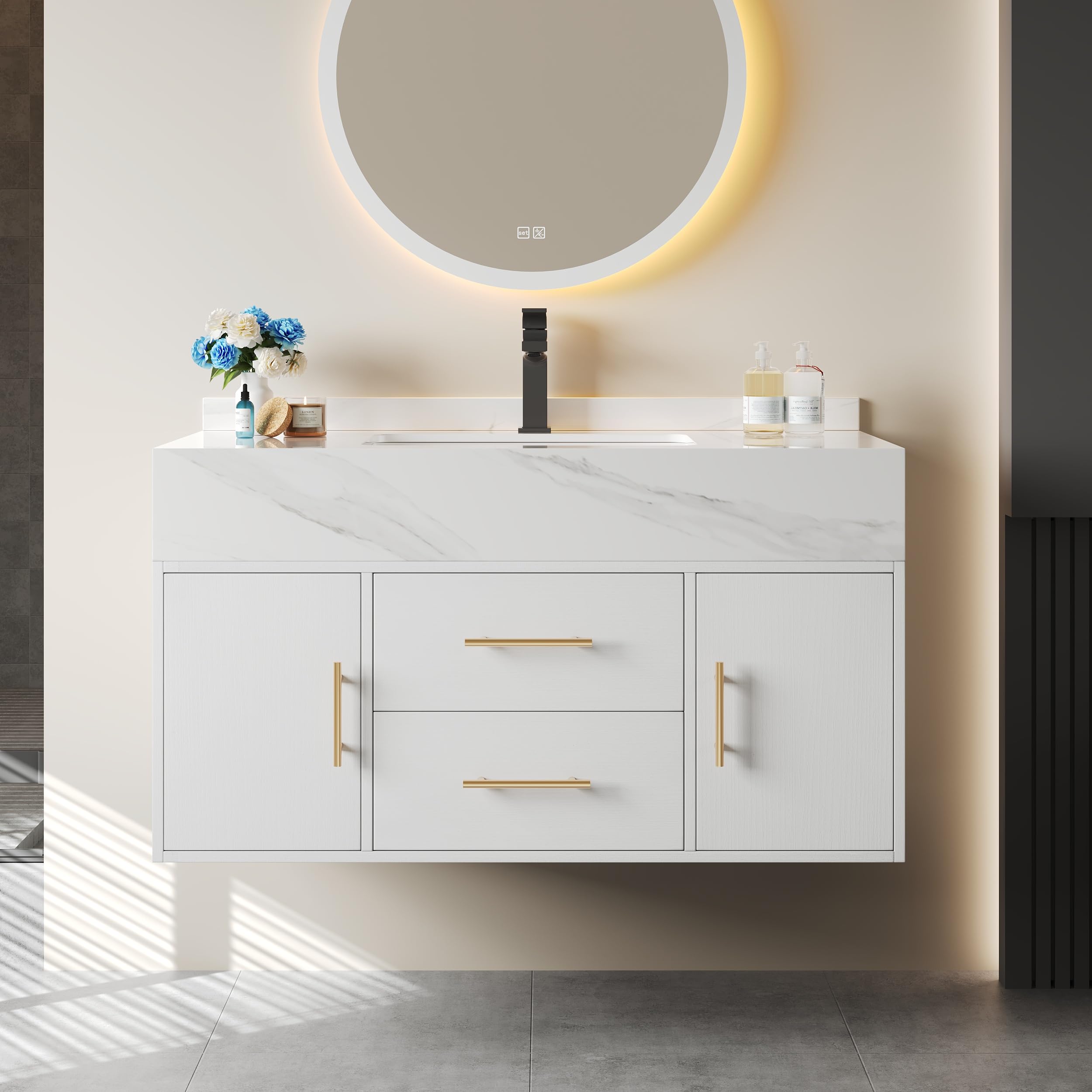 Bathroom Vanity with Sink 39.5" Floating Bathroom Vanity Sintered Stone Modern Bathroom Vanity Set, Walnut (Wall Mounted, Gold Handle)