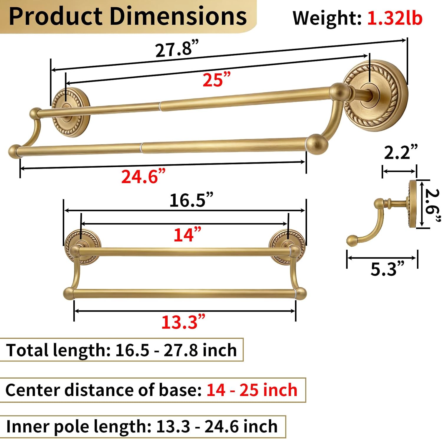 Double Towel Bar, Antique Brass Bathroom Towel Racks Wall Mounted, Adjustable Gold Towel Bar Fits 14-25 Inch Centers, Heavy Duty Rustproof Brass Towel Rod Holder for Bath