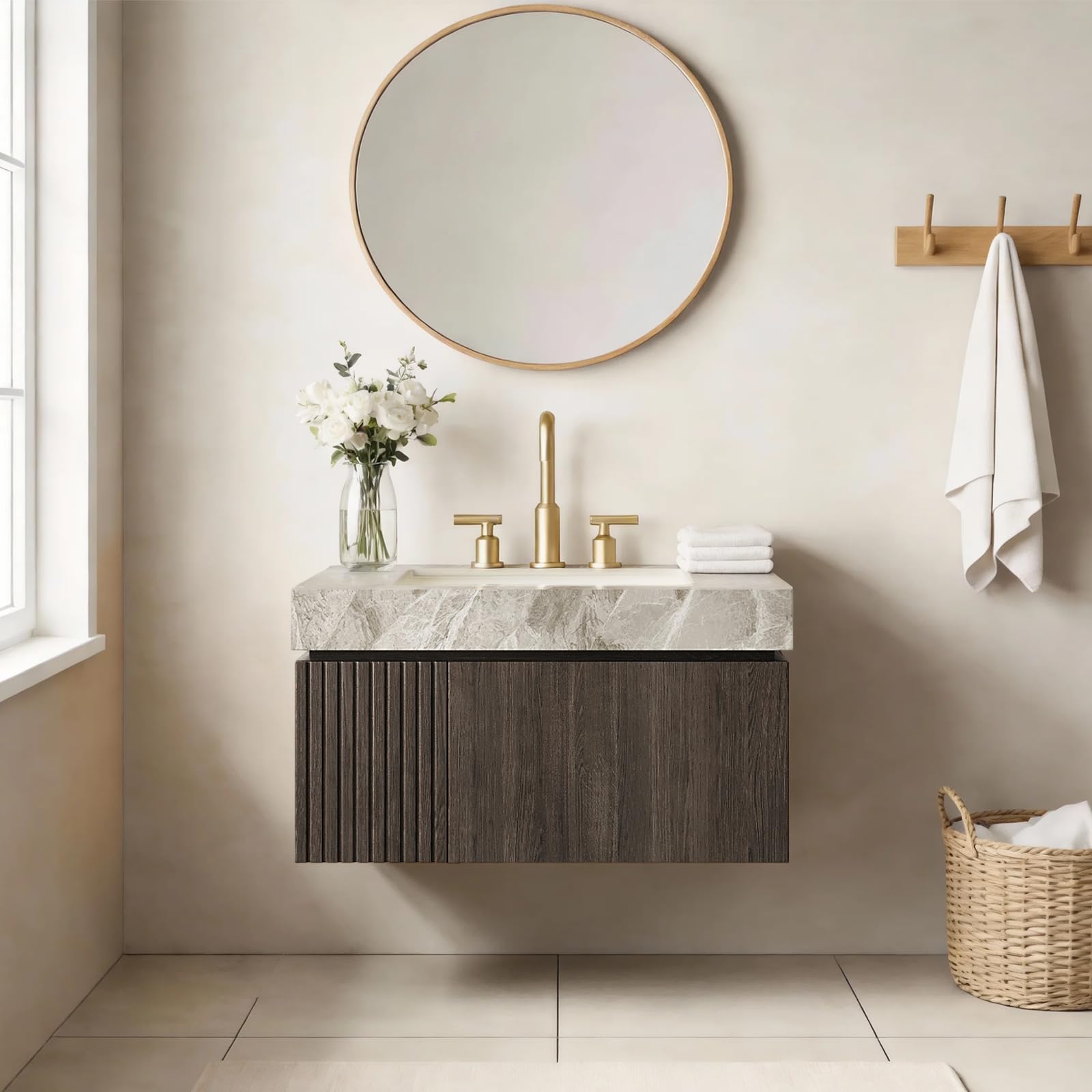 Ambrovina 48" Floating Bathroom Vanity with Sink, Modern Plywood Bathroom Storage Cabinet with Drawer and 2 Doors, Gray Sintered Stone Countertop and White Ceramic Basin, Pre-Assembled, Light Oak