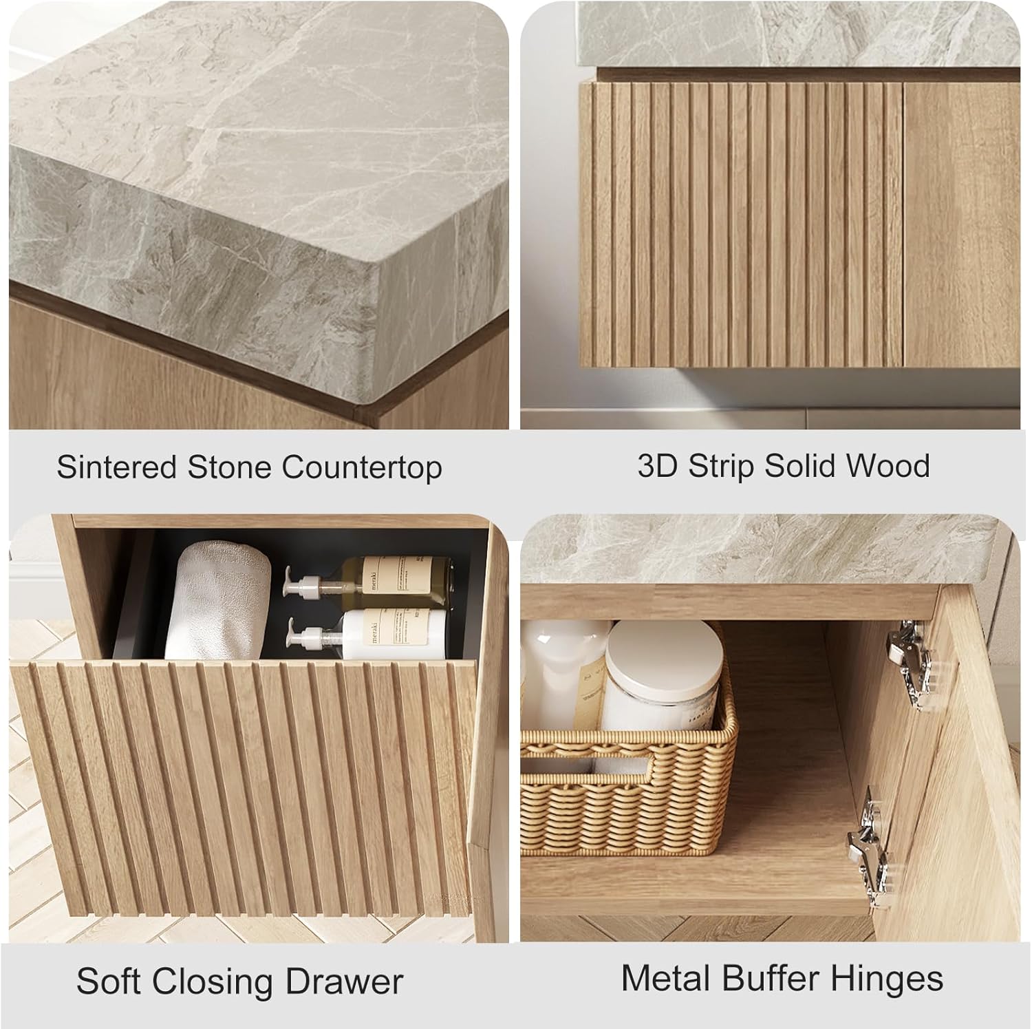 Ambrovina 48" Floating Bathroom Vanity with Sink, Modern Plywood Bathroom Storage Cabinet with Drawer and 2 Doors, Gray Sintered Stone Countertop and White Ceramic Basin, Pre-Assembled, Light Oak