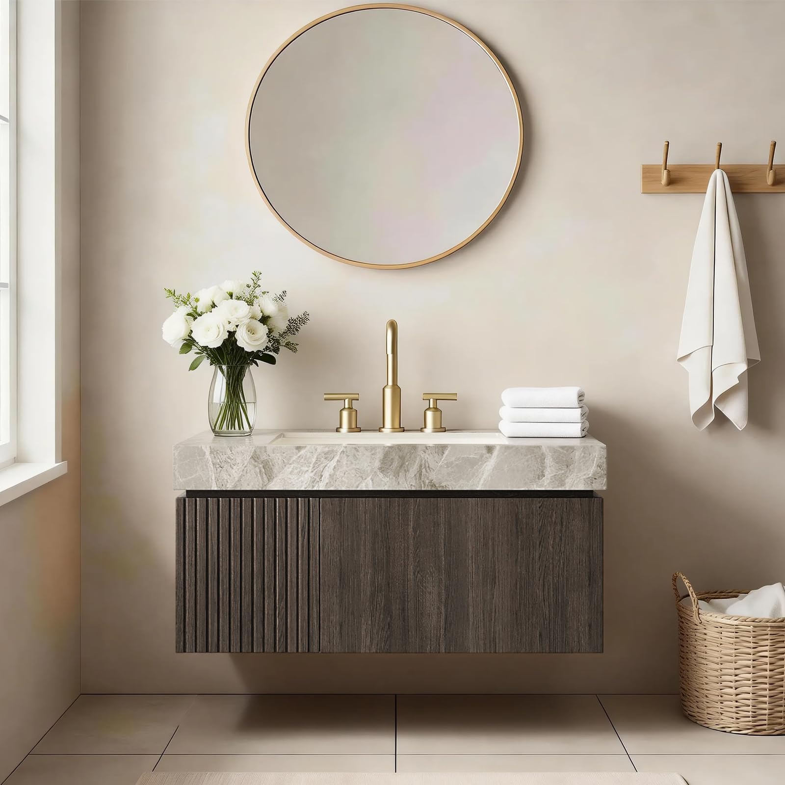 Ambrovina 48" Floating Bathroom Vanity with Sink, Modern Plywood Bathroom Storage Cabinet with Drawer and 2 Doors, Gray Sintered Stone Countertop and White Ceramic Basin, Pre-Assembled, Light Oak