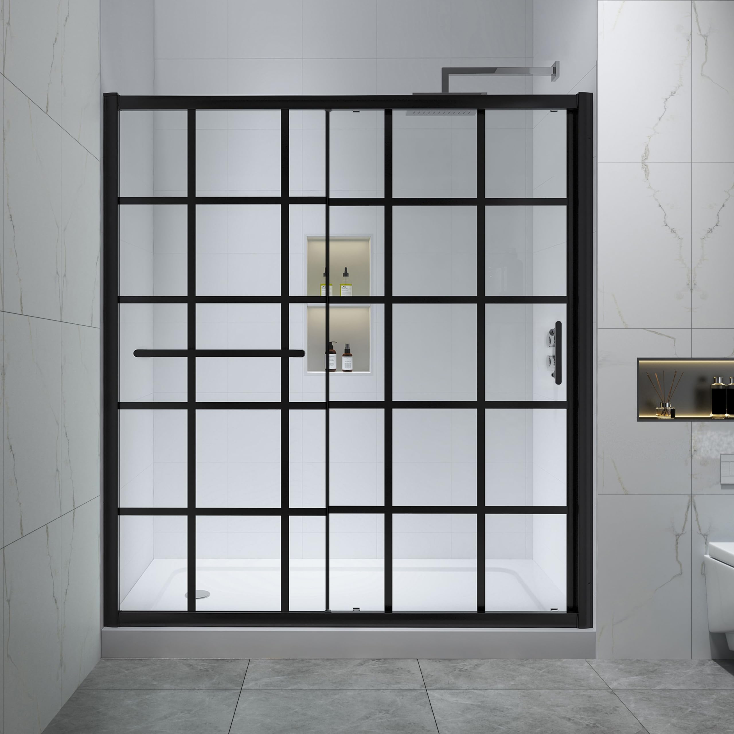 Frosted Sliding Shower Door 55-60" W x 72" H, Matte Black, Single Sliding Door, Framed, 1/4" (6mm) SGCC Tempered Glass, Reversible Installation