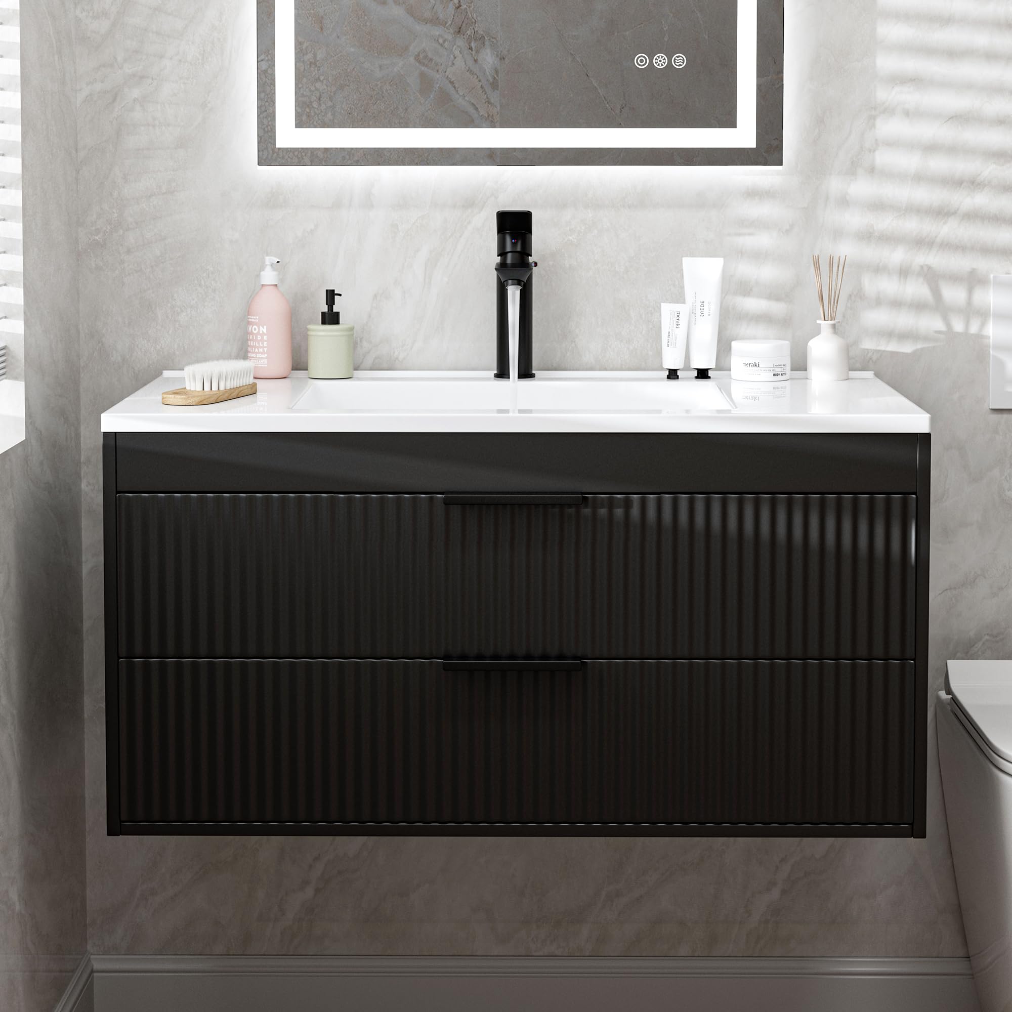 24 Inches Modern MDF Bathroom Vanity with Sink, Wall Mounted Floating Cabinets w/Double Drawers, Black Handles, White Resin Sink Combo Set (White, 24")
