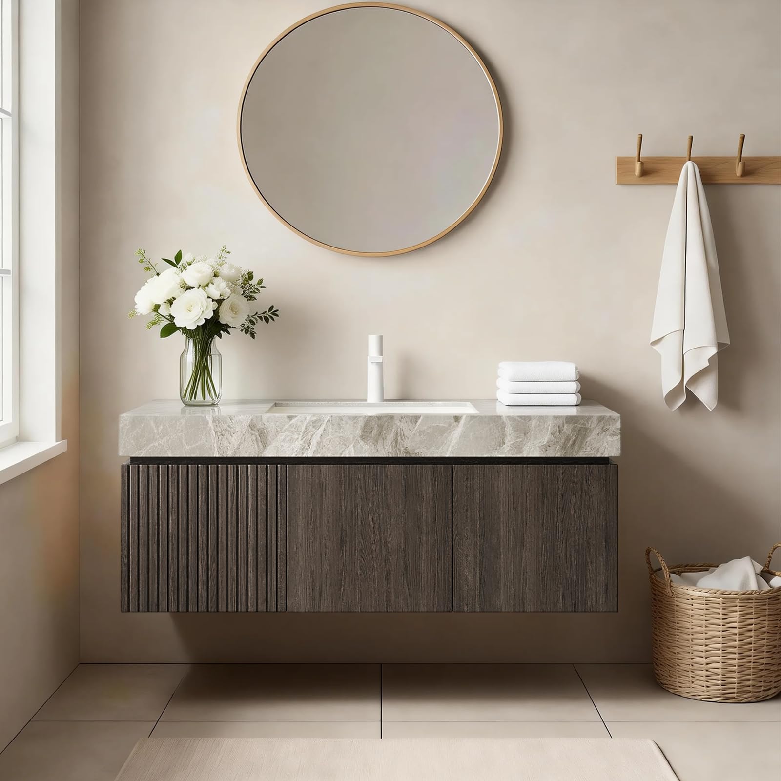 Ambrovina 48" Floating Bathroom Vanity with Sink, Modern Plywood Bathroom Storage Cabinet with Drawer and 2 Doors, Gray Sintered Stone Countertop and White Ceramic Basin, Pre-Assembled, Light Oak