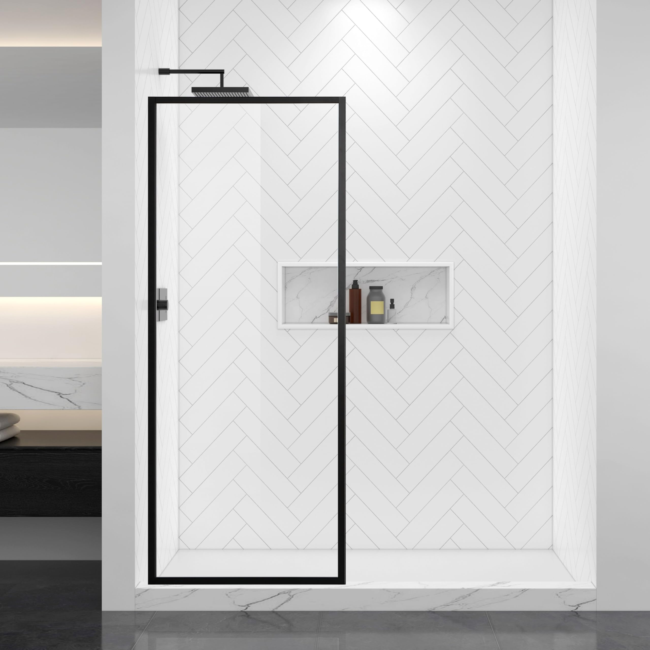 Frosted Shower Glass Panel 34" W x 72" H, Matte Black, Framed Fixed Glass Panel, 5/16" (8mm) SGCC Tempered Glass, Reversible Installation