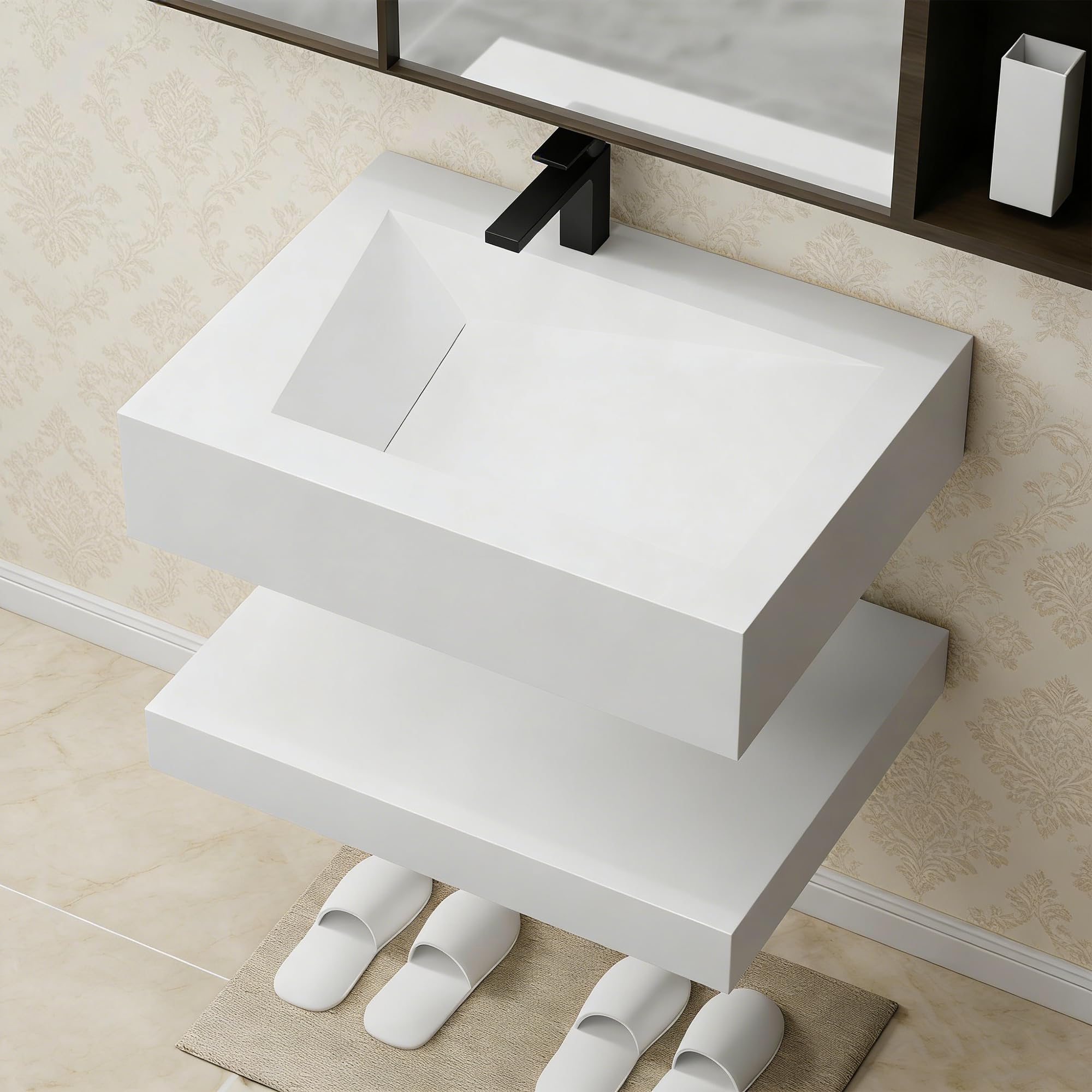 Gesipor 36"x19" Wall Mount Bathroom Vanity with Sink Stone Resin Floating Vanity Sink Rectangular Vessel Sinks for Bathroom White Trough with Shelf Layer (Mirror Not Included)