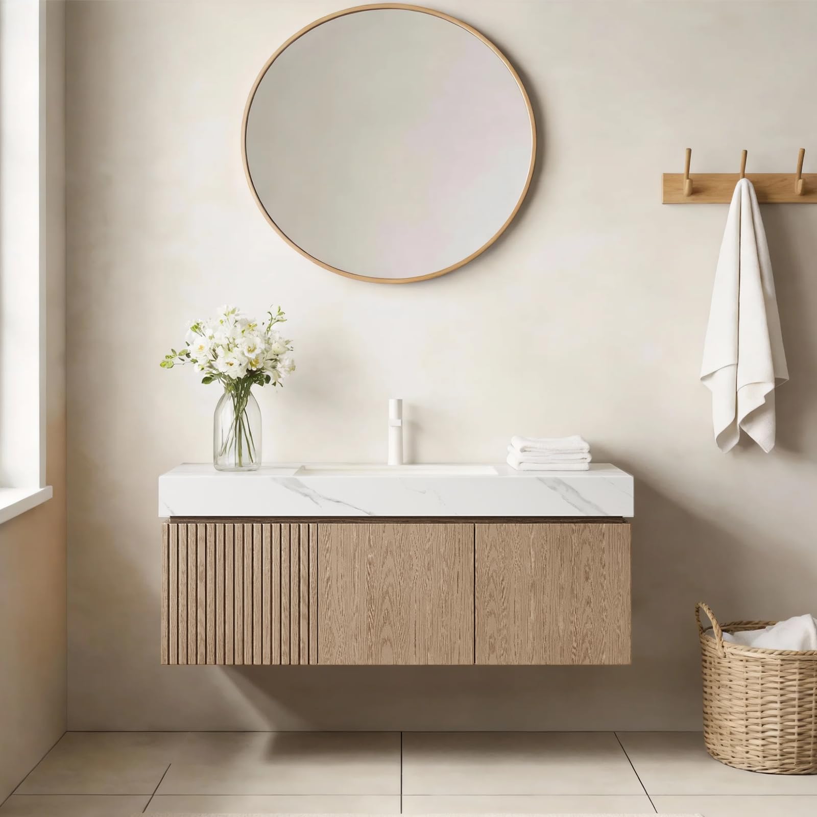 Ambrovina 48" Floating Bathroom Vanity with Sink, Modern Plywood Bathroom Storage Cabinet with Drawer and 2 Doors, Gray Sintered Stone Countertop and White Ceramic Basin, Pre-Assembled, Light Oak