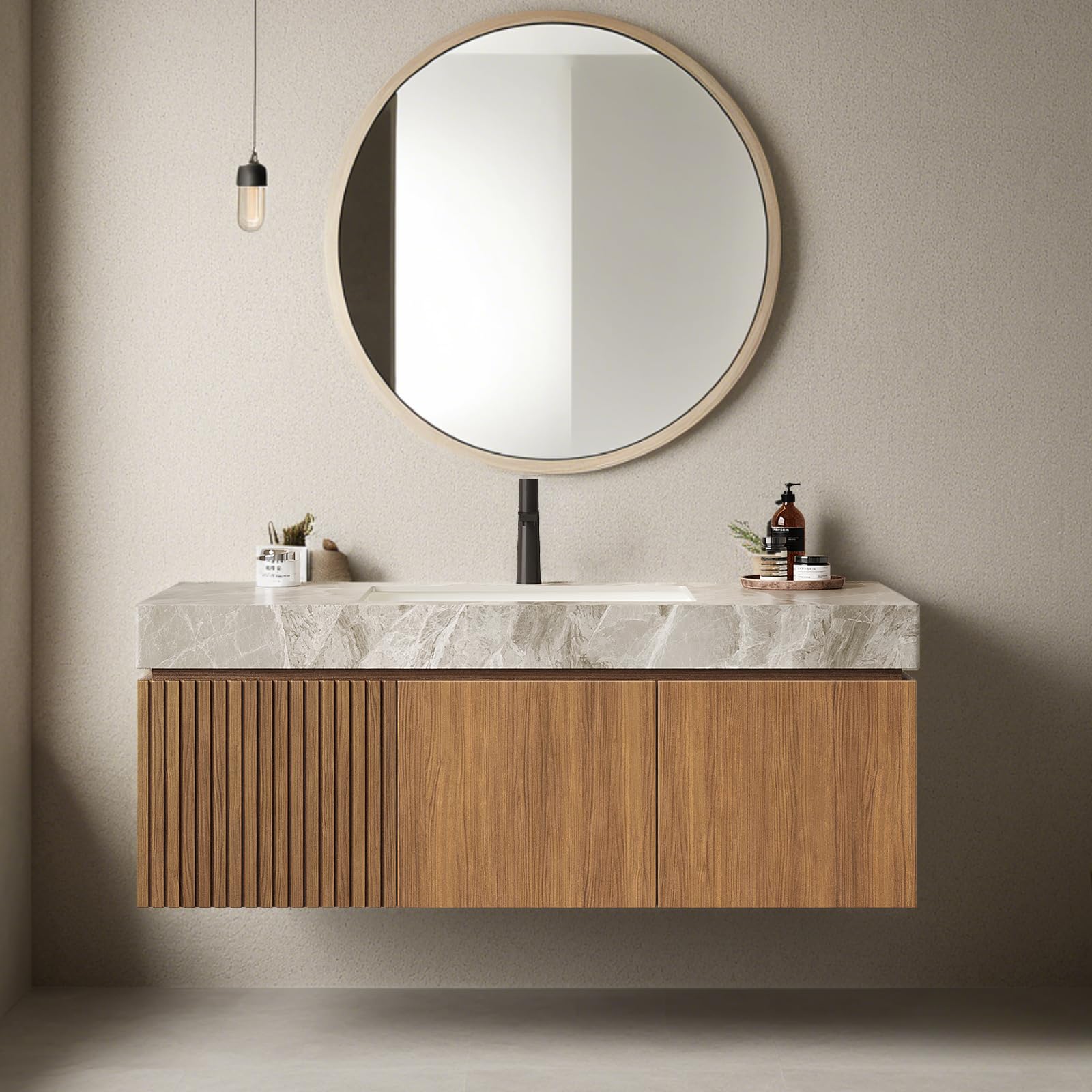 Ambrovina 48" Floating Bathroom Vanity with Sink, Modern Plywood Bathroom Storage Cabinet with Drawer and 2 Doors, Gray Sintered Stone Countertop and White Ceramic Basin, Pre-Assembled, Light Oak