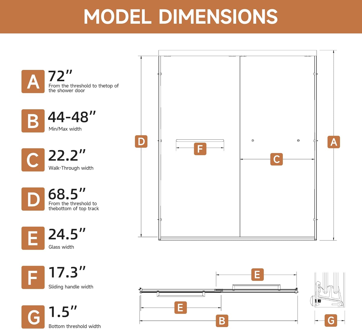 Frosted Glass Shower Door 44–48 in W × 72 in H, Sliding Frosted Shower Door, 1/4" (6mm) Tempered Glass Bypass Shower Door for Bathroom, Privacy Frosted Glass Shower Doors