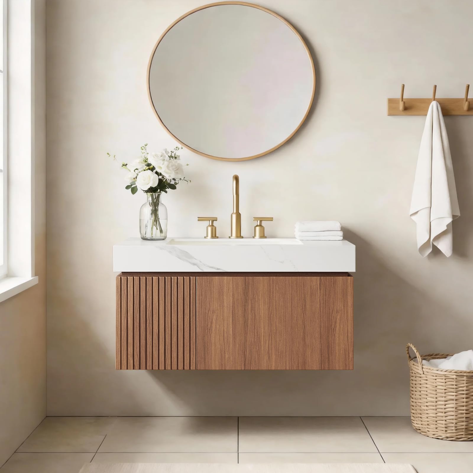 Ambrovina 48" Floating Bathroom Vanity with Sink, Modern Plywood Bathroom Storage Cabinet with Drawer and 2 Doors, Gray Sintered Stone Countertop and White Ceramic Basin, Pre-Assembled, Light Oak