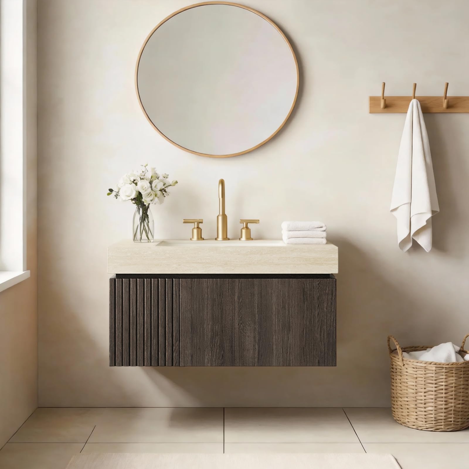 Ambrovina 48" Floating Bathroom Vanity with Sink, Modern Plywood Bathroom Storage Cabinet with Drawer and 2 Doors, Gray Sintered Stone Countertop and White Ceramic Basin, Pre-Assembled, Light Oak