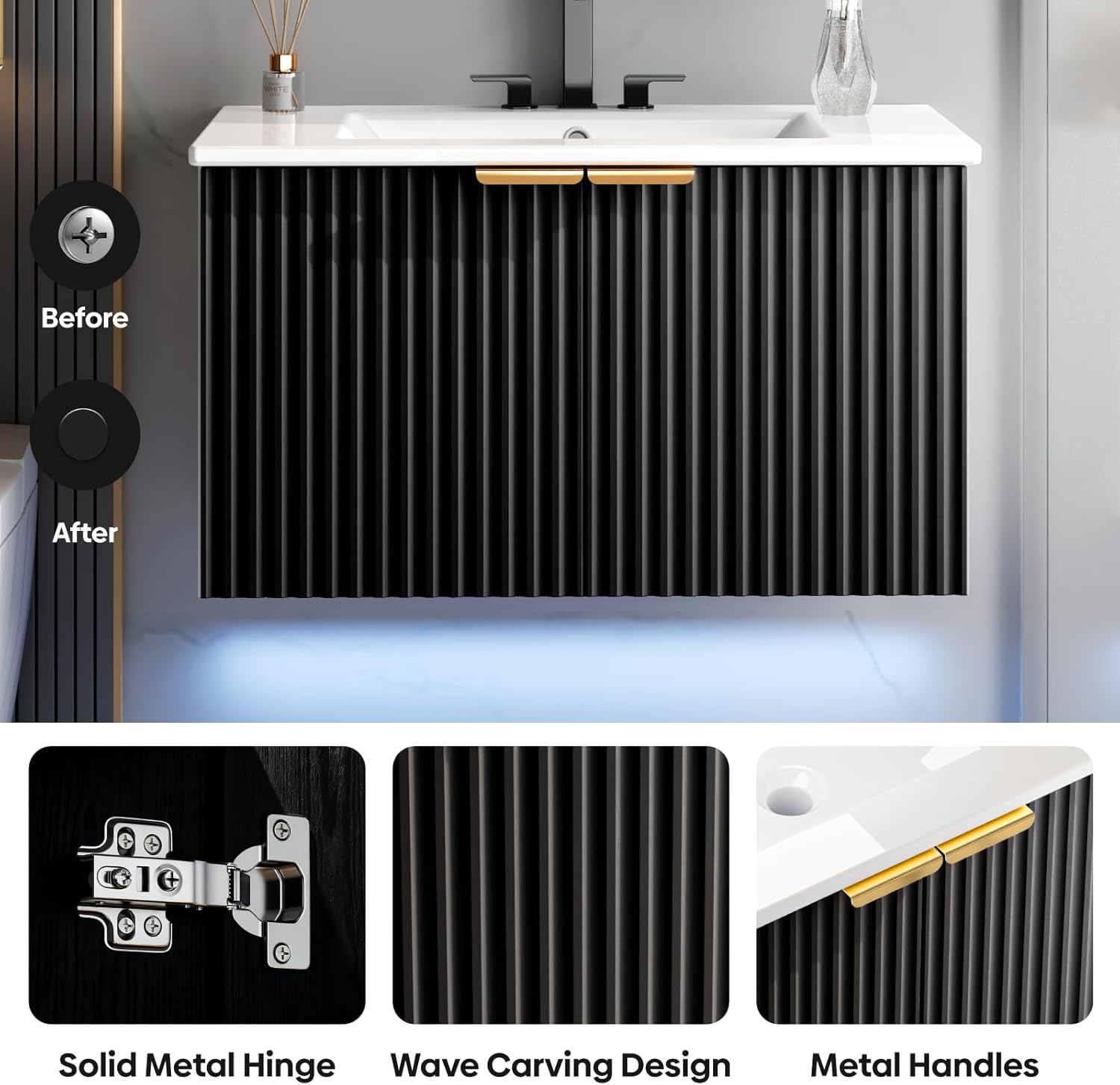 30" Bathroom Vanity with Sink, Modern Wall Mounted Floating Vanity Cabinet, Modern Bathroom Sinks with LED Light, Metal Handle & Double Soft-Close Doors, Black