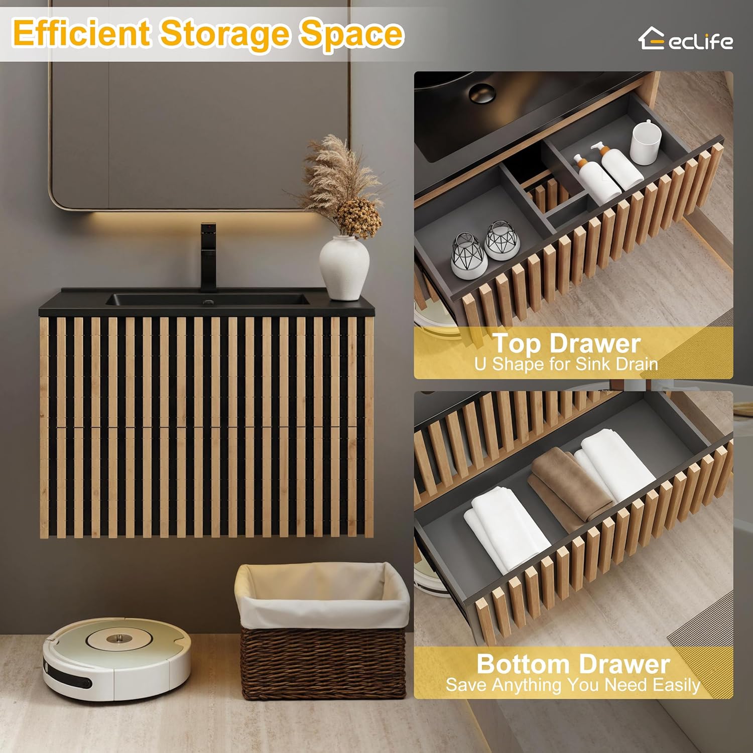eclife 30" Floating Bathroom Vanity with Sink Combo, Modern Wall Mounted Two-Tone Cabinet with Fluted Drawers, Undermount Black Sink, Include Faucet, Drain, Mixed Natural