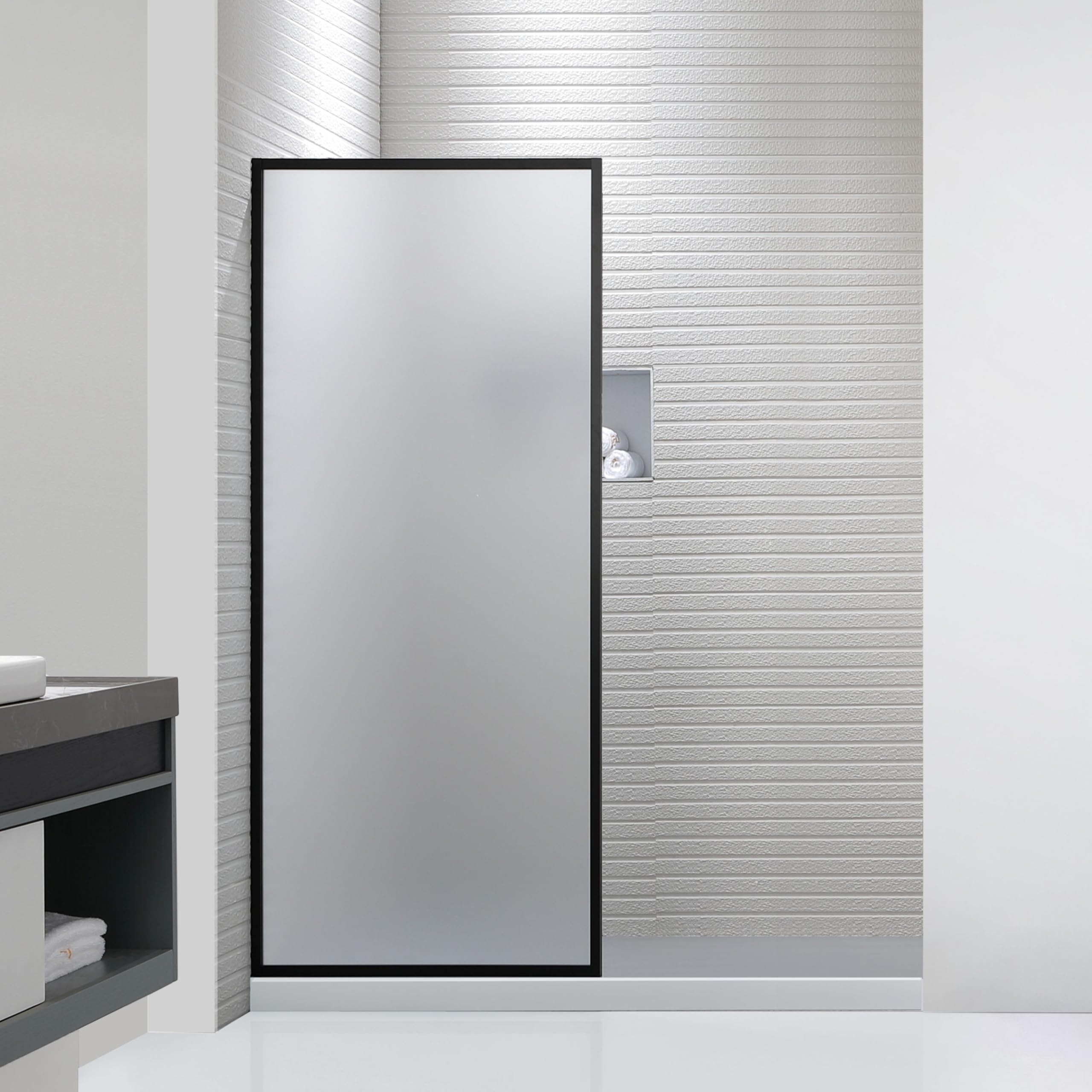 Frosted Shower Glass Panel 34" W x 72" H, Matte Black, Framed Fixed Glass Panel, 5/16" (8mm) SGCC Tempered Glass, Reversible Installation